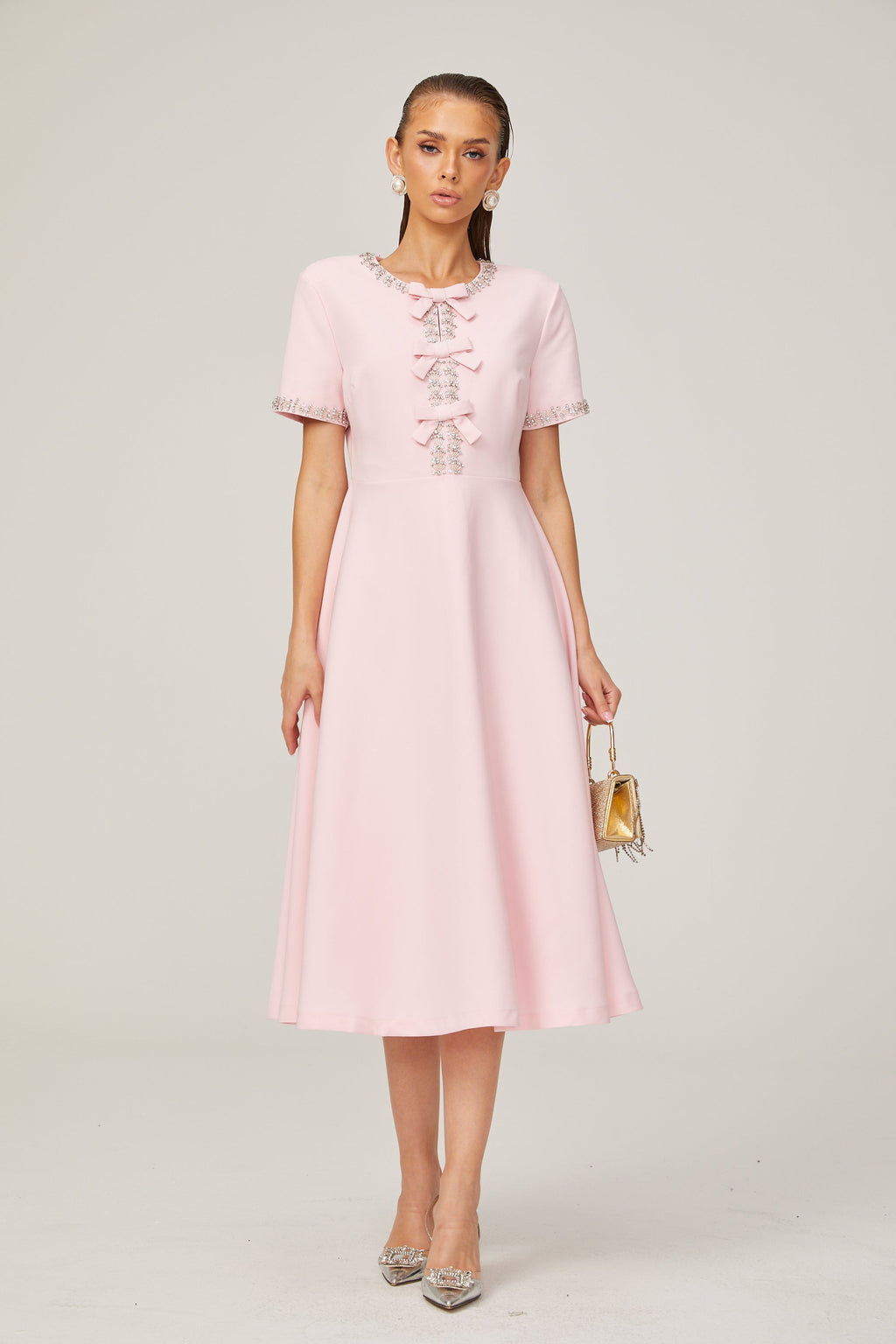 Elegant Pink Crystal-Accented Bow Midi Dress: Chic Terylene Flared Style