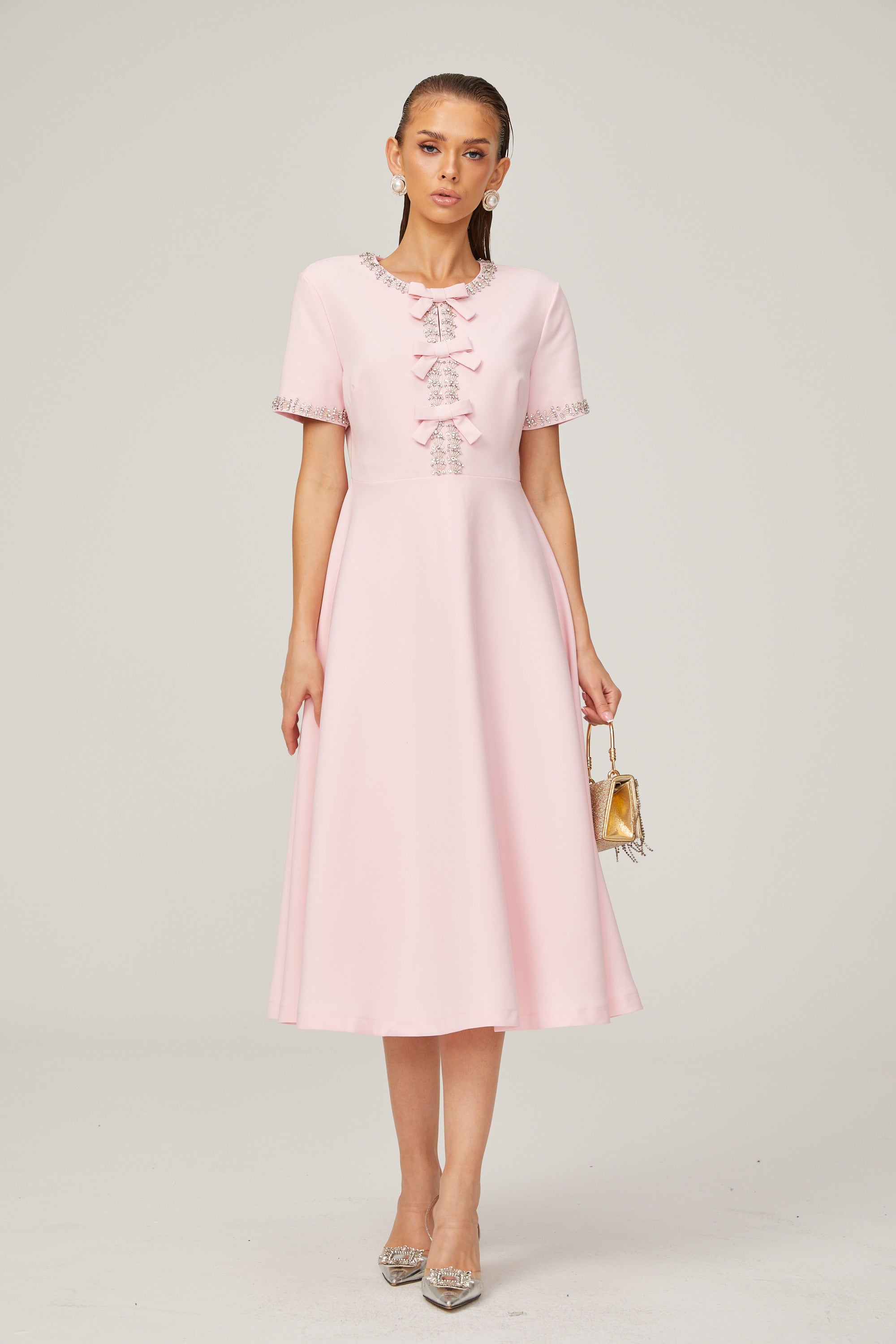 Elegant Pink Crystal-Accented Bow Midi Dress: Chic Terylene Flared Style
