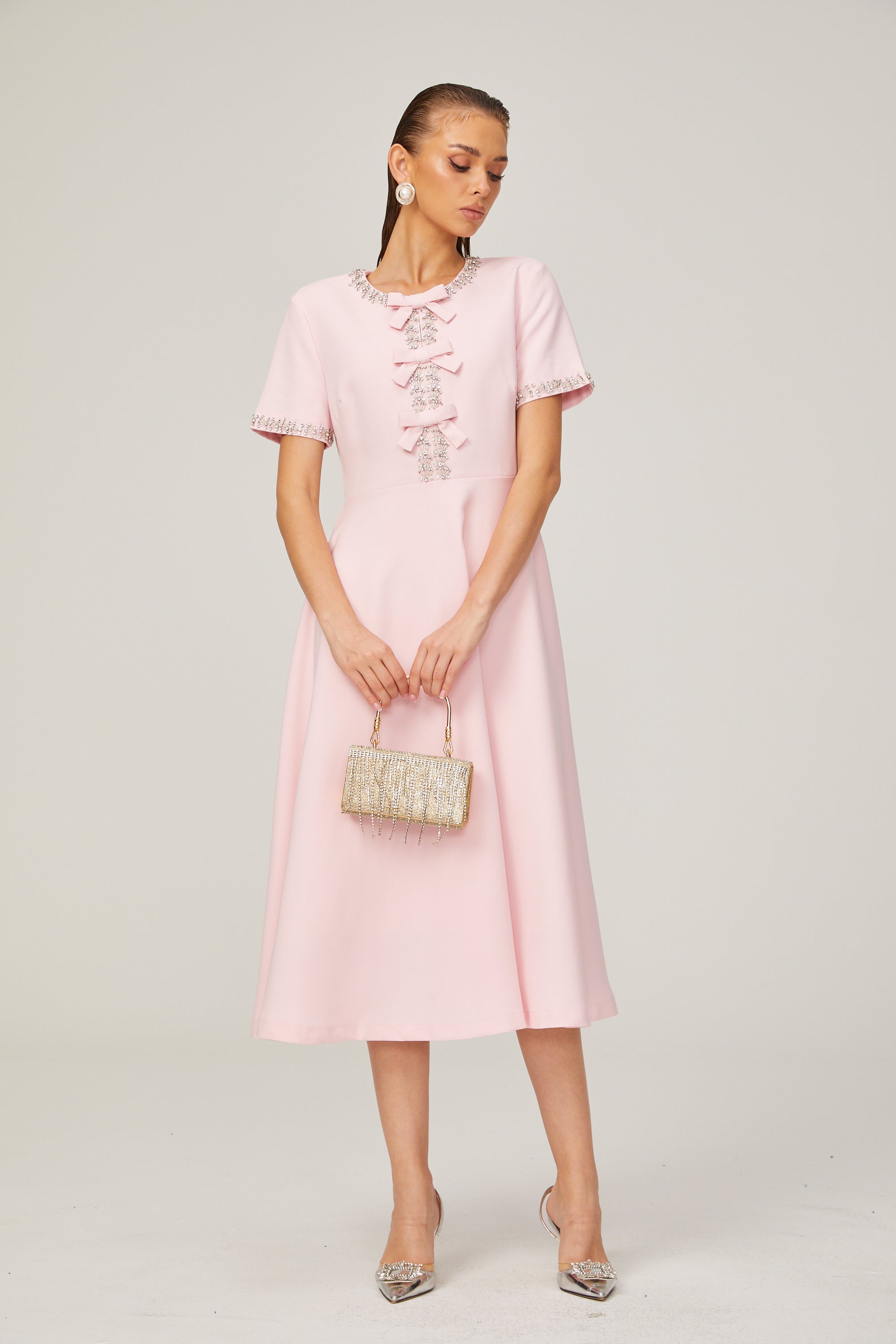 Elegant Pink Crystal-Accented Bow Midi Dress: Chic Terylene Flared Style