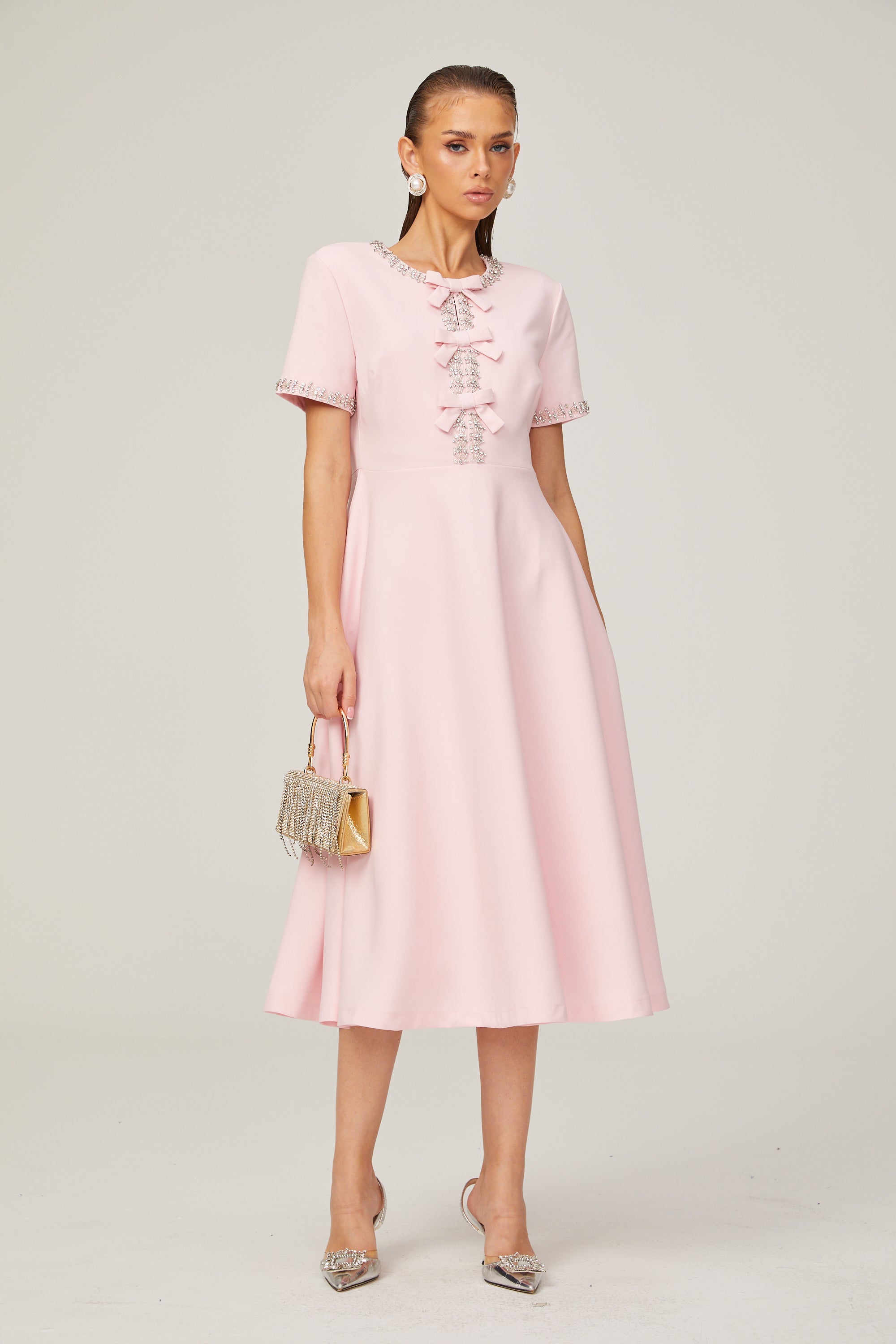 Elegant Pink Crystal-Accented Bow Midi Dress: Chic Terylene Flared Style
