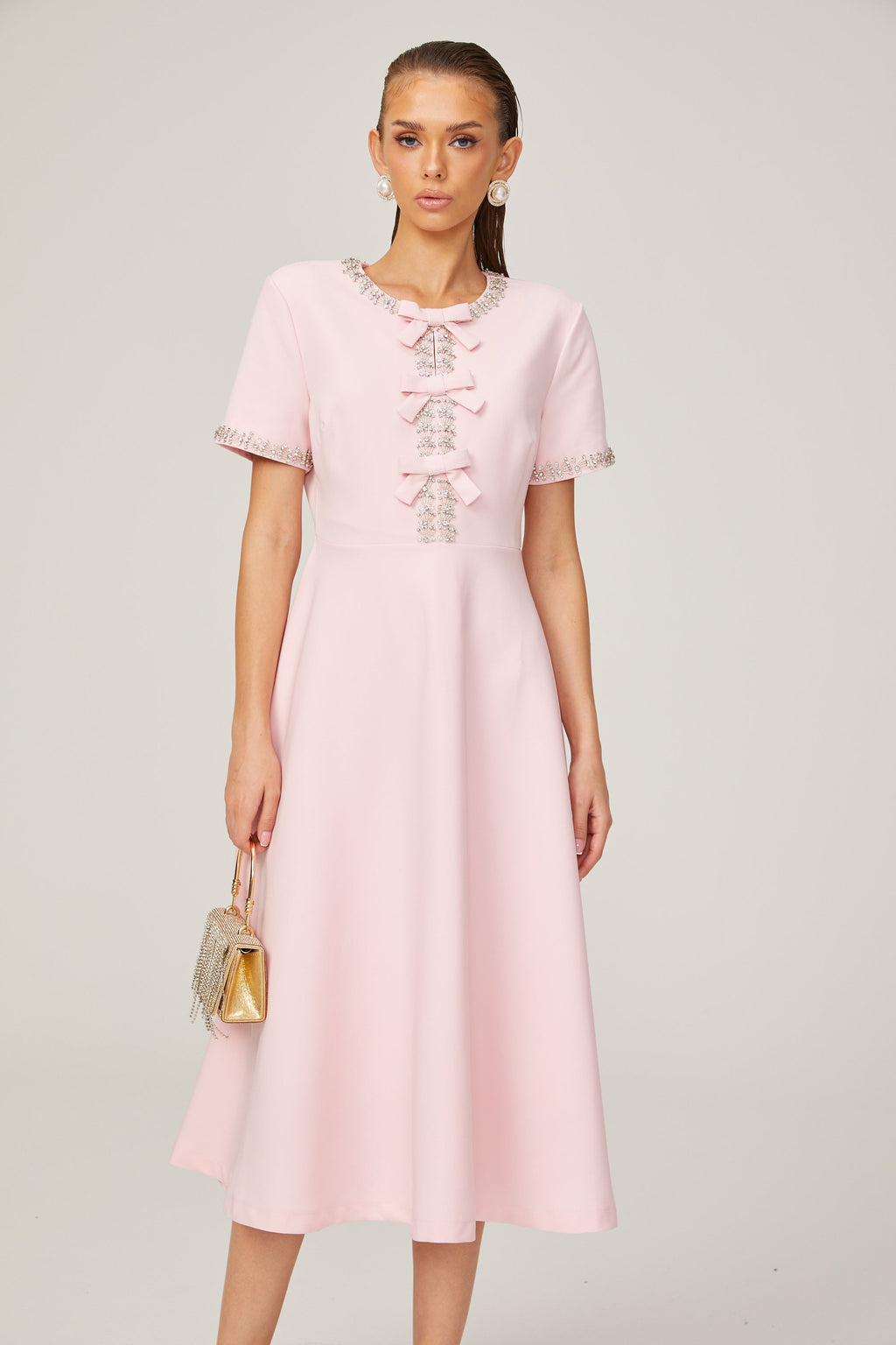 Elegant Pink Crystal-Accented Bow Midi Dress: Chic Terylene Flared Style