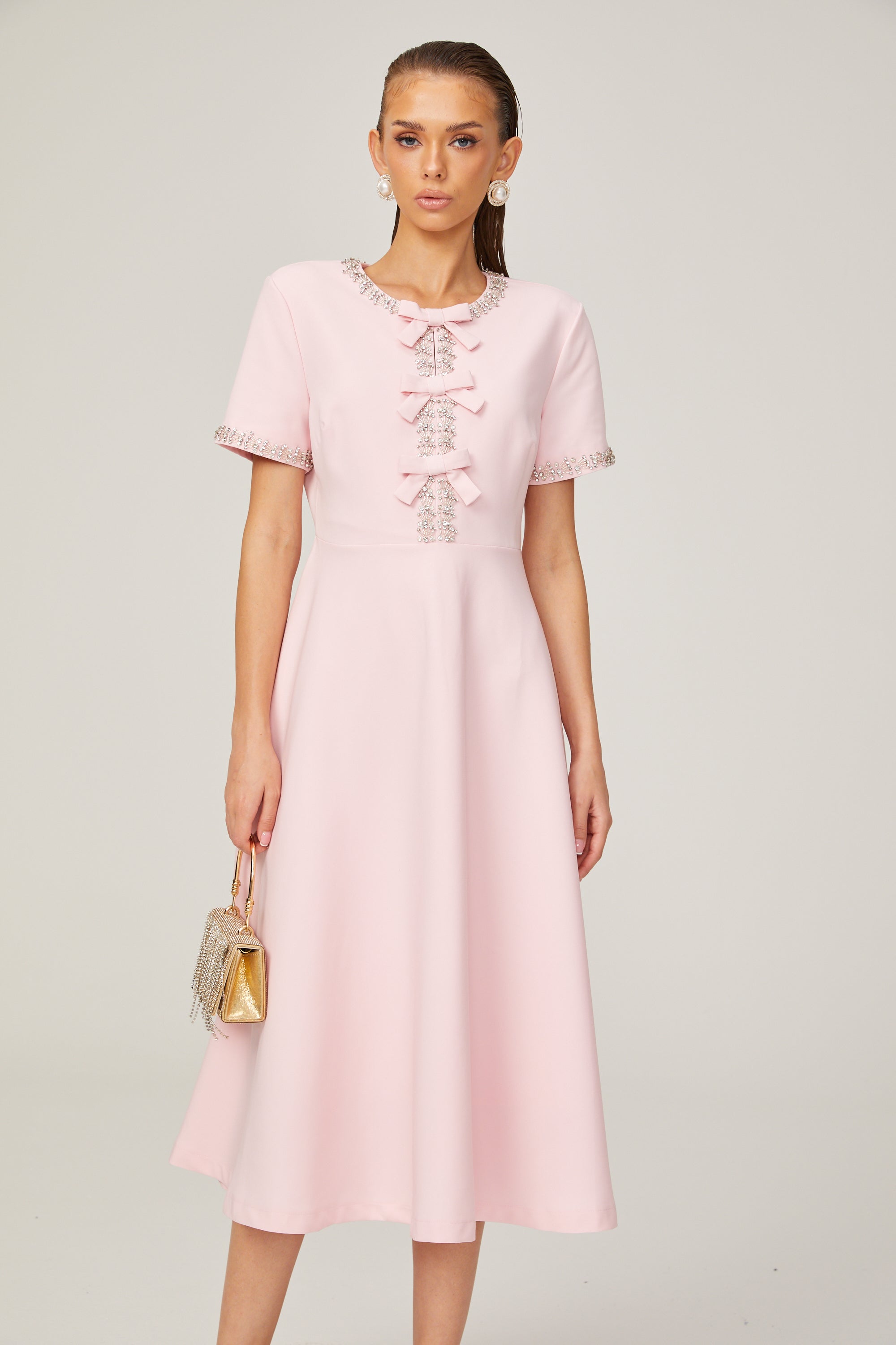 Elegant Pink Crystal-Accented Bow Midi Dress: Chic Terylene Flared Style