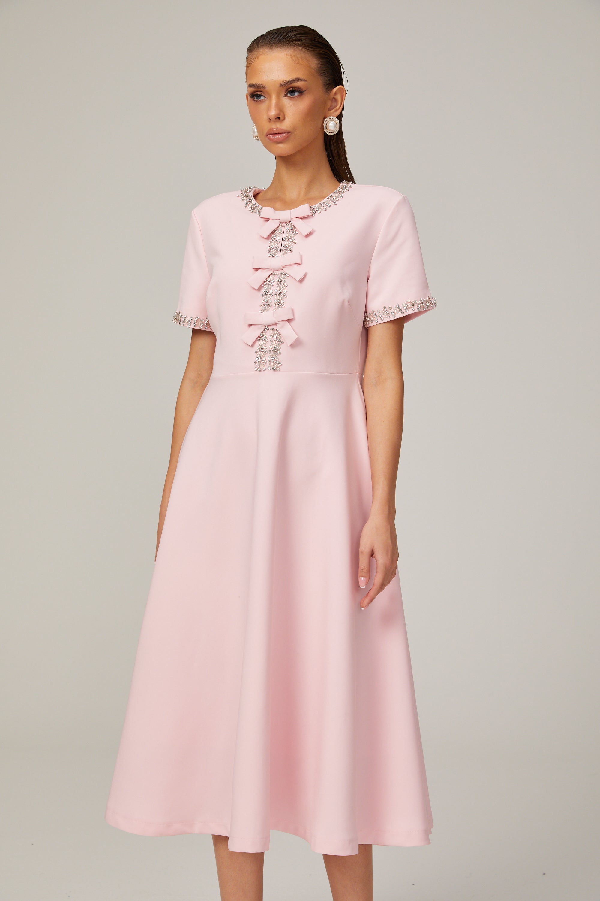 Elegant Pink Crystal-Accented Bow Midi Dress: Chic Terylene Flared Style