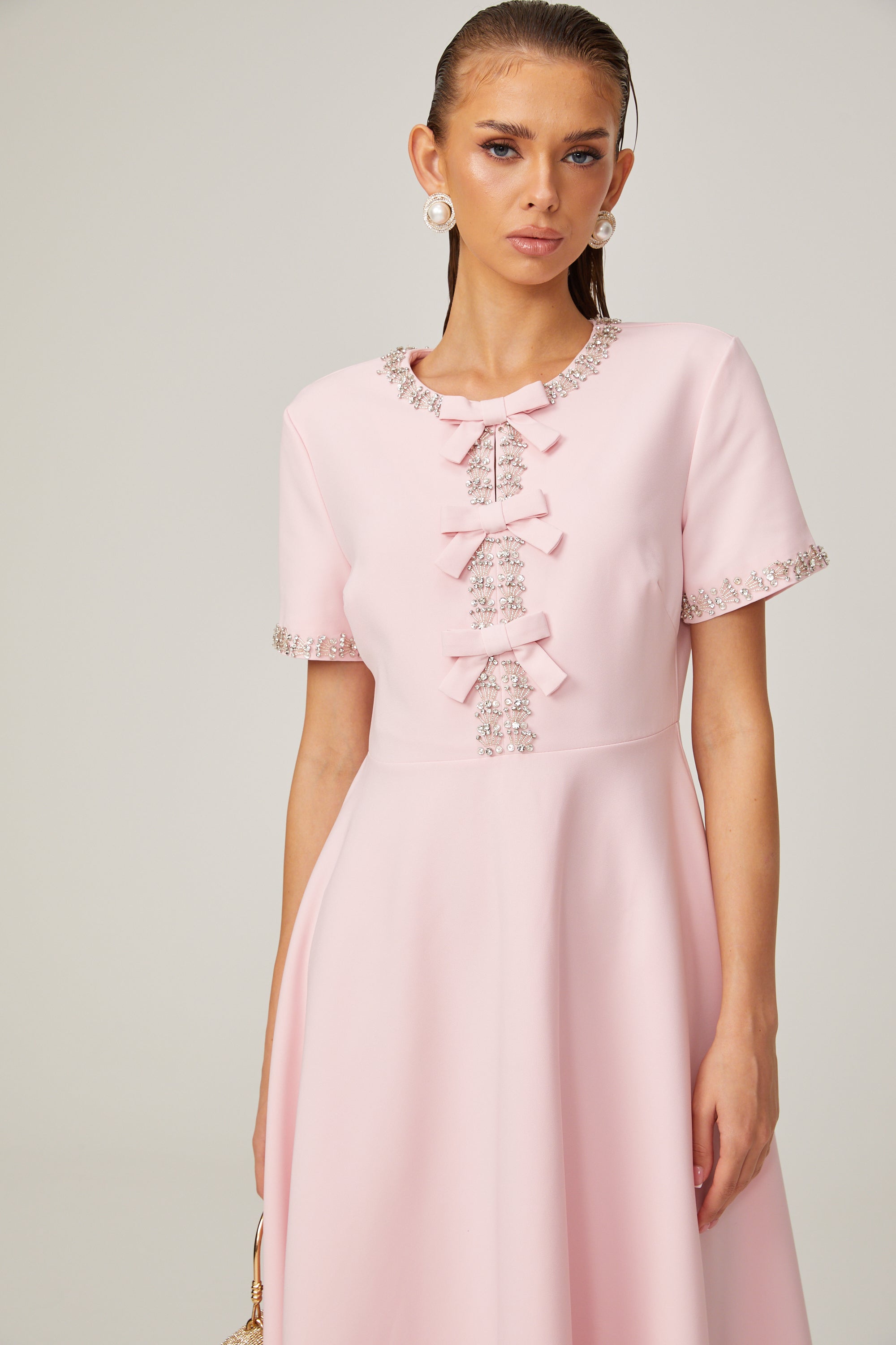 Elegant Pink Crystal-Accented Bow Midi Dress: Chic Terylene Flared Style