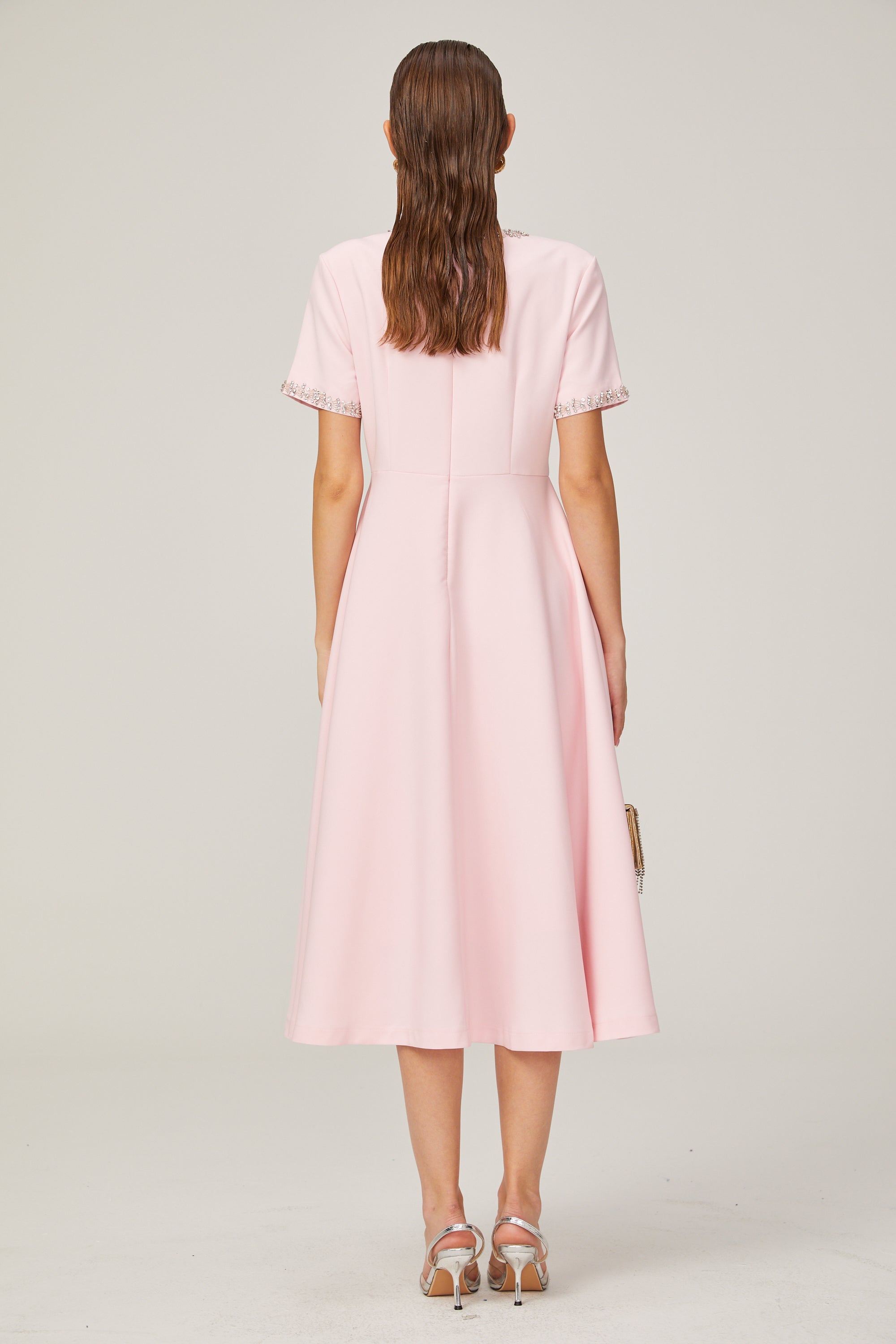 Elegant Pink Crystal-Accented Bow Midi Dress: Chic Terylene Flared Style