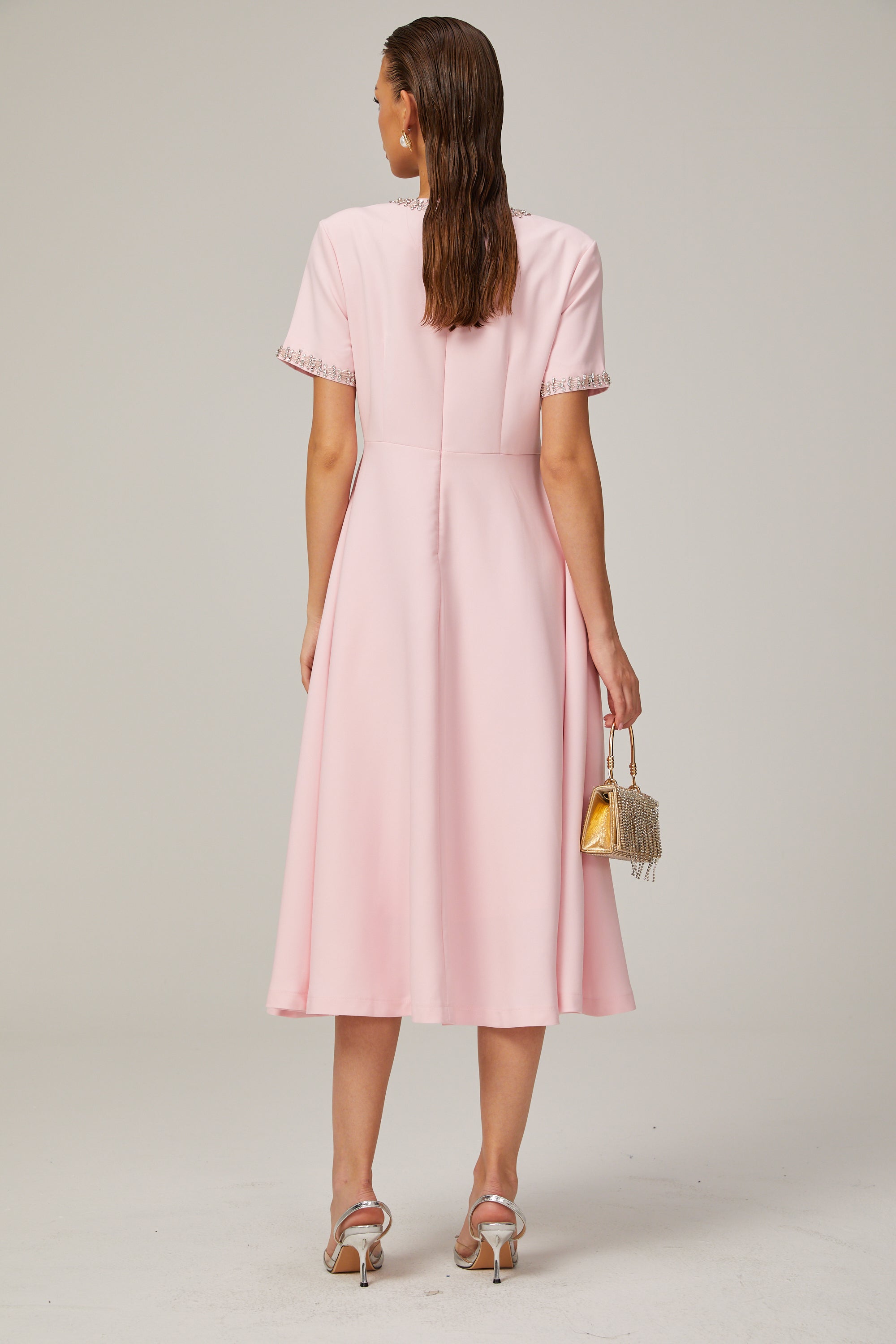 Elegant Pink Crystal-Accented Bow Midi Dress: Chic Terylene Flared Style