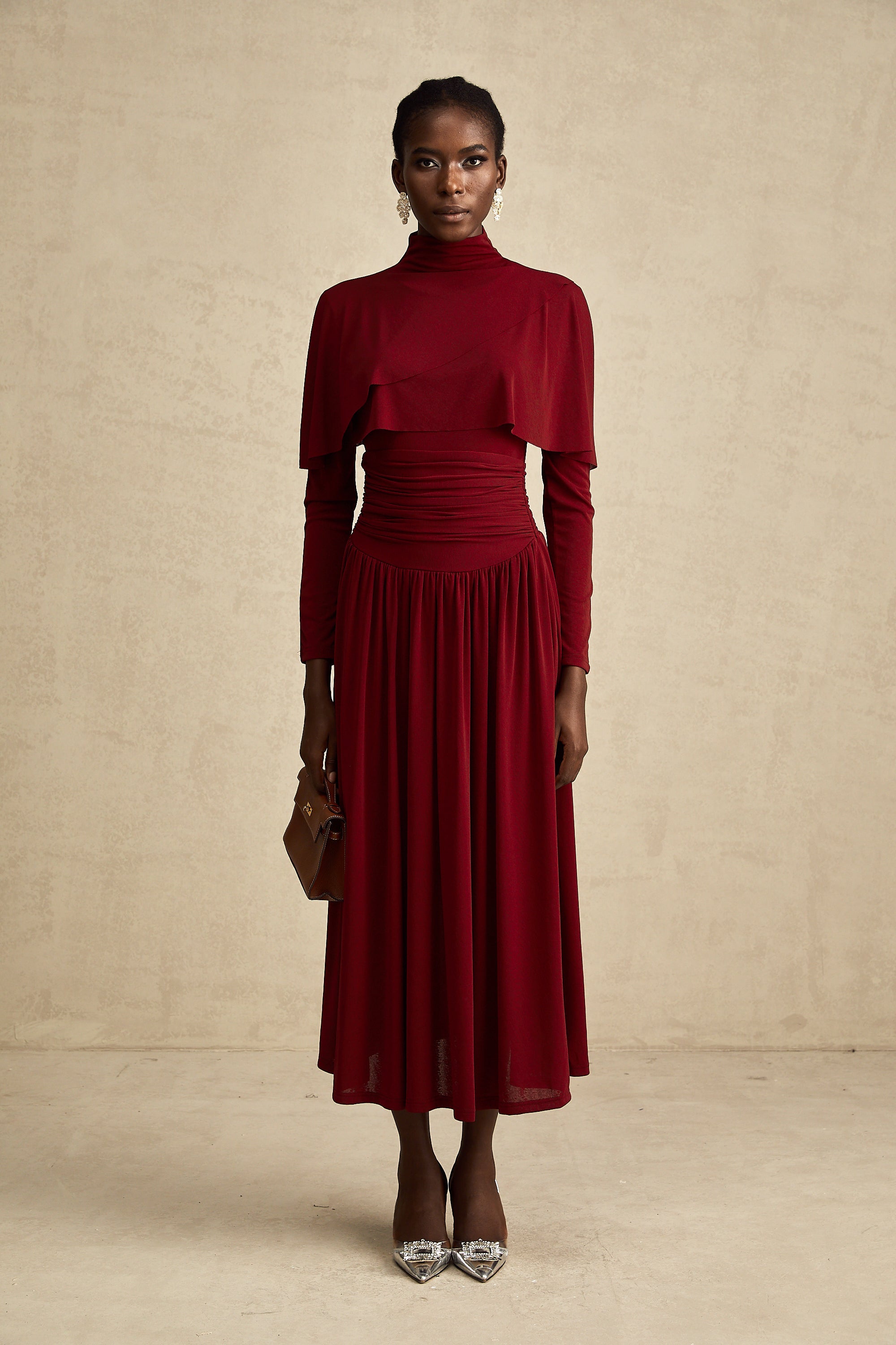 Elegant Camille Red Flap Design Ruched Midi Dress - Flattering Cocktail Attire