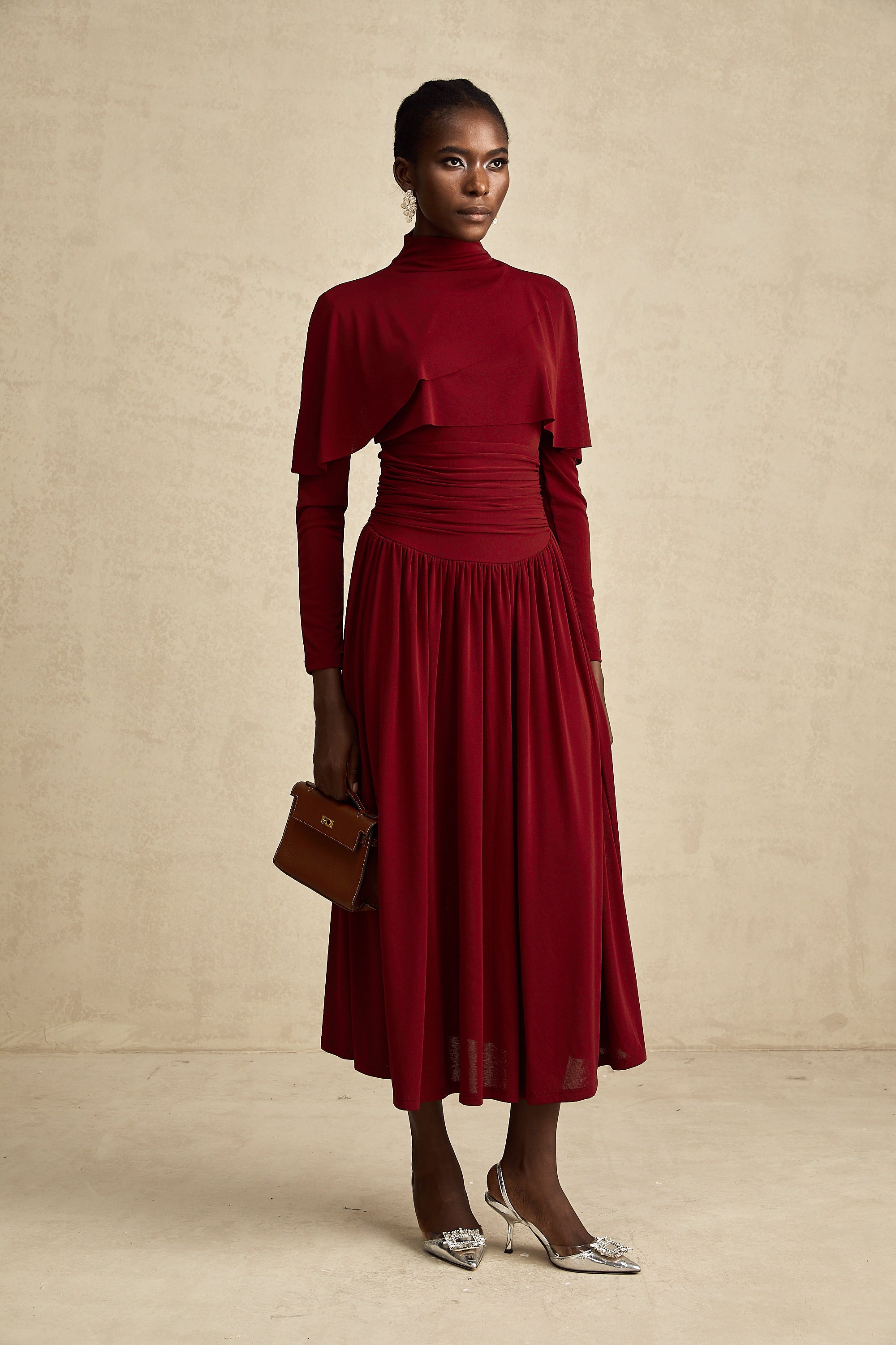 Elegant Camille Red Flap Design Ruched Midi Dress - Flattering Cocktail Attire