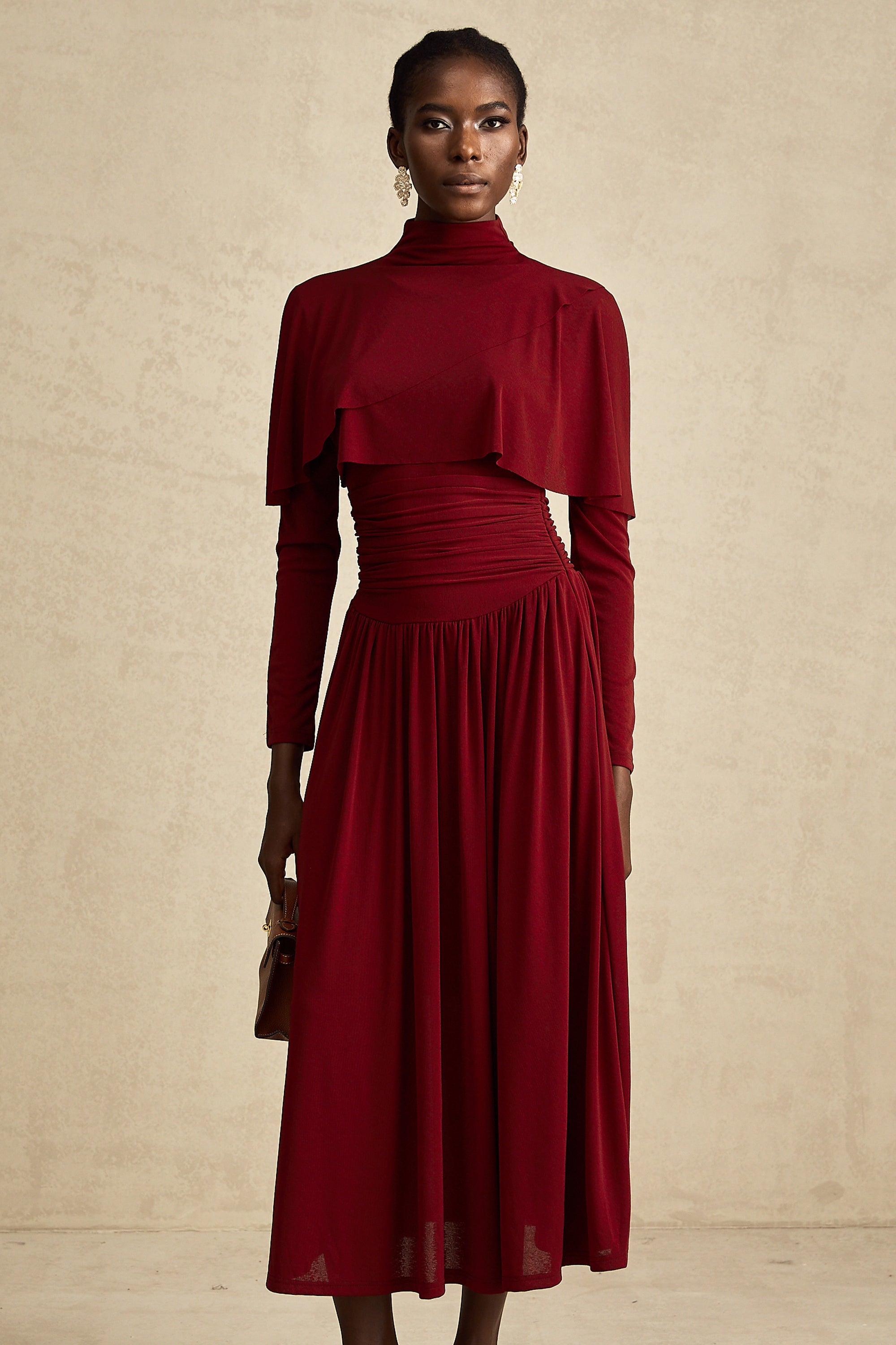 Elegant Camille Red Flap Design Ruched Midi Dress - Flattering Cocktail Attire