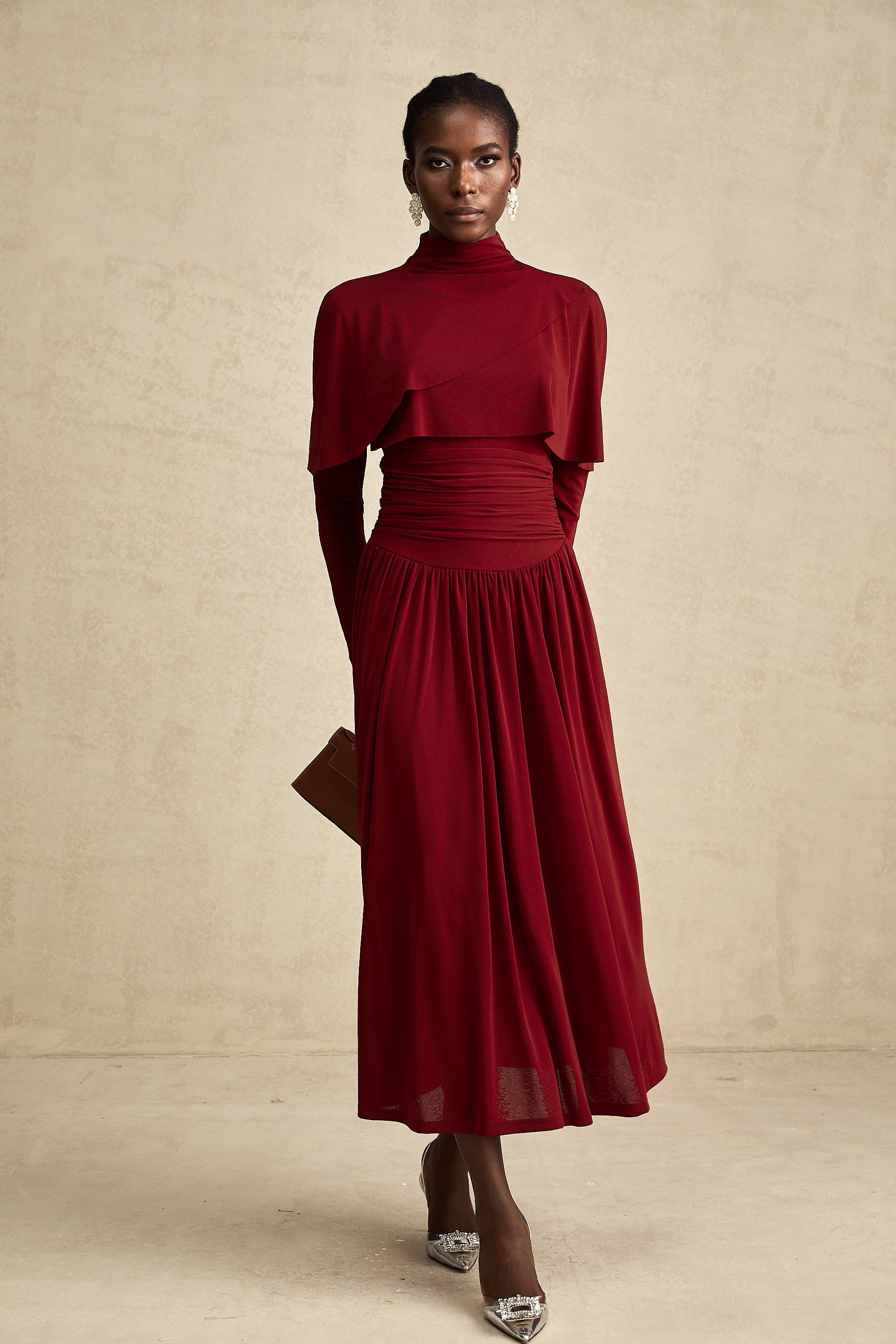 Elegant Camille Red Flap Design Ruched Midi Dress - Flattering Cocktail Attire