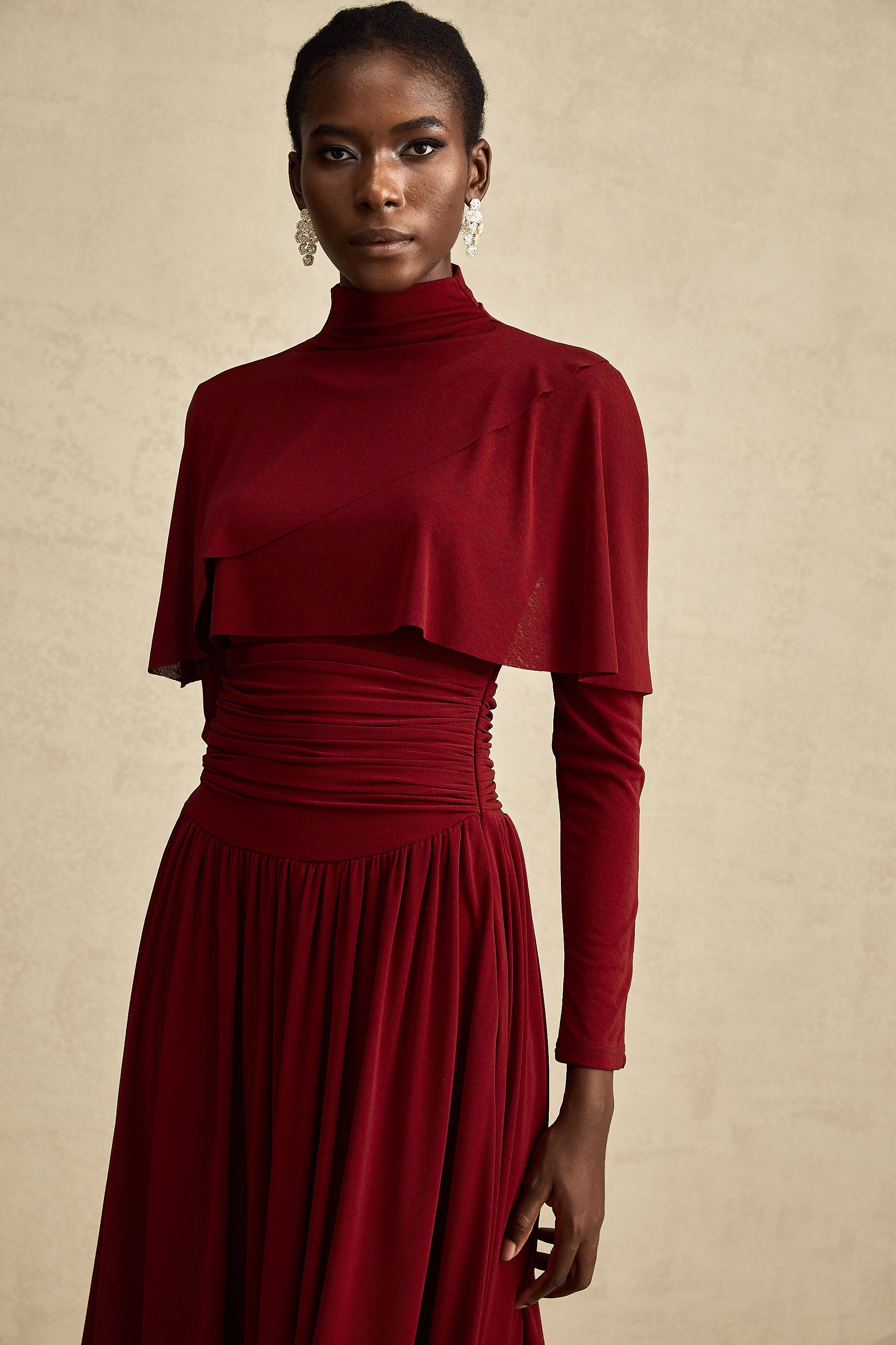 Elegant Camille Red Flap Design Ruched Midi Dress - Flattering Cocktail Attire