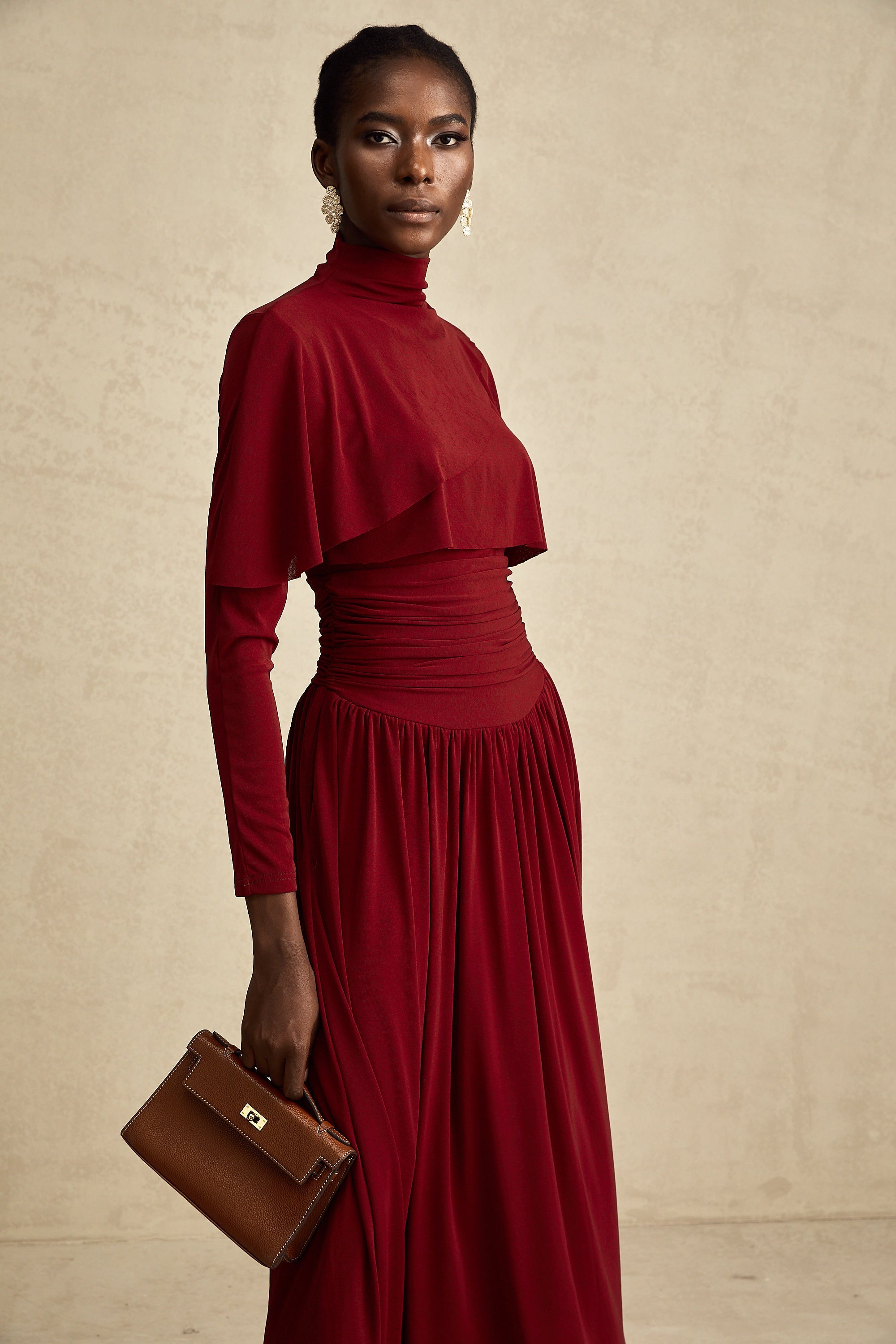 Elegant Camille Red Flap Design Ruched Midi Dress - Flattering Cocktail Attire