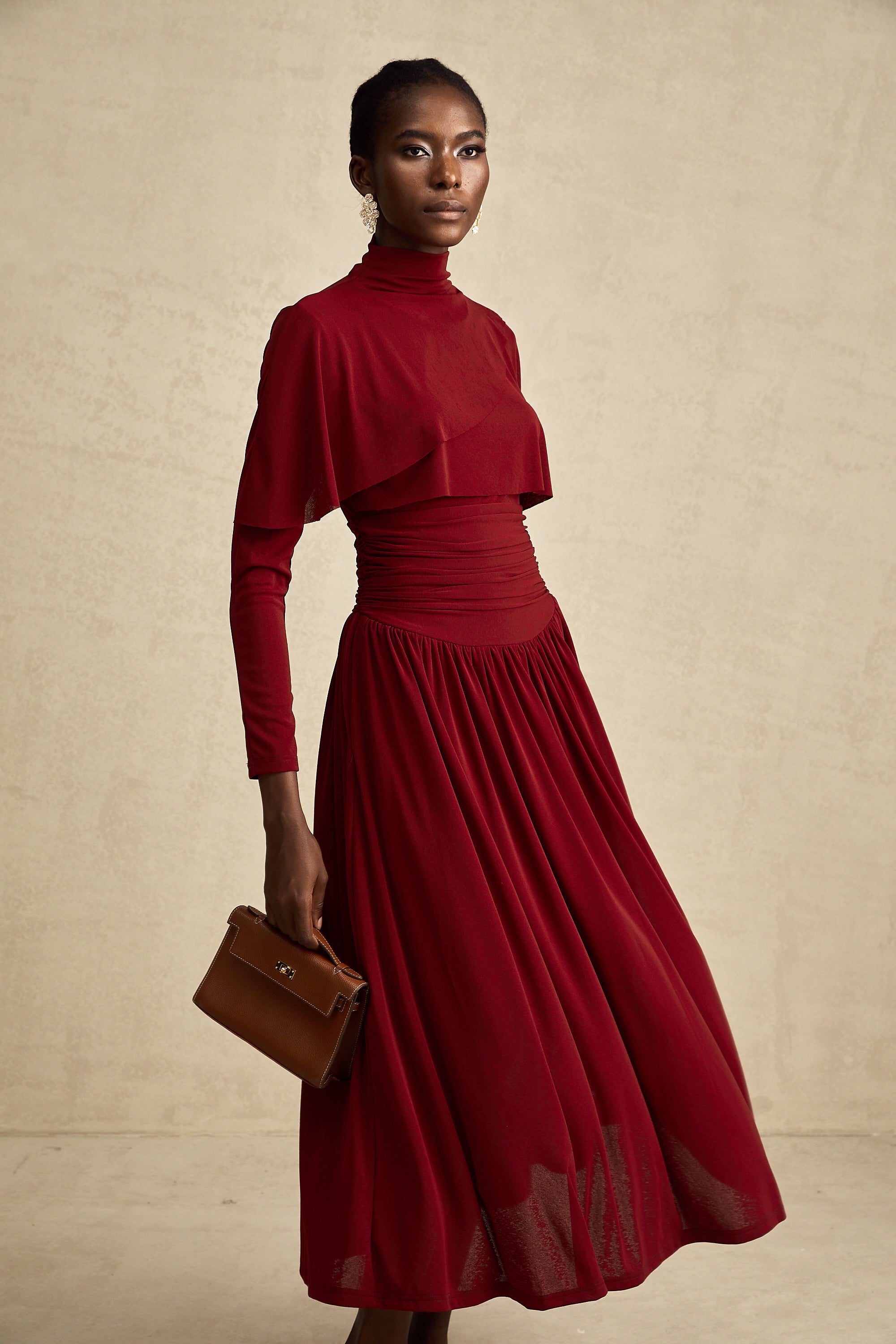 Elegant Camille Red Flap Design Ruched Midi Dress - Flattering Cocktail Attire