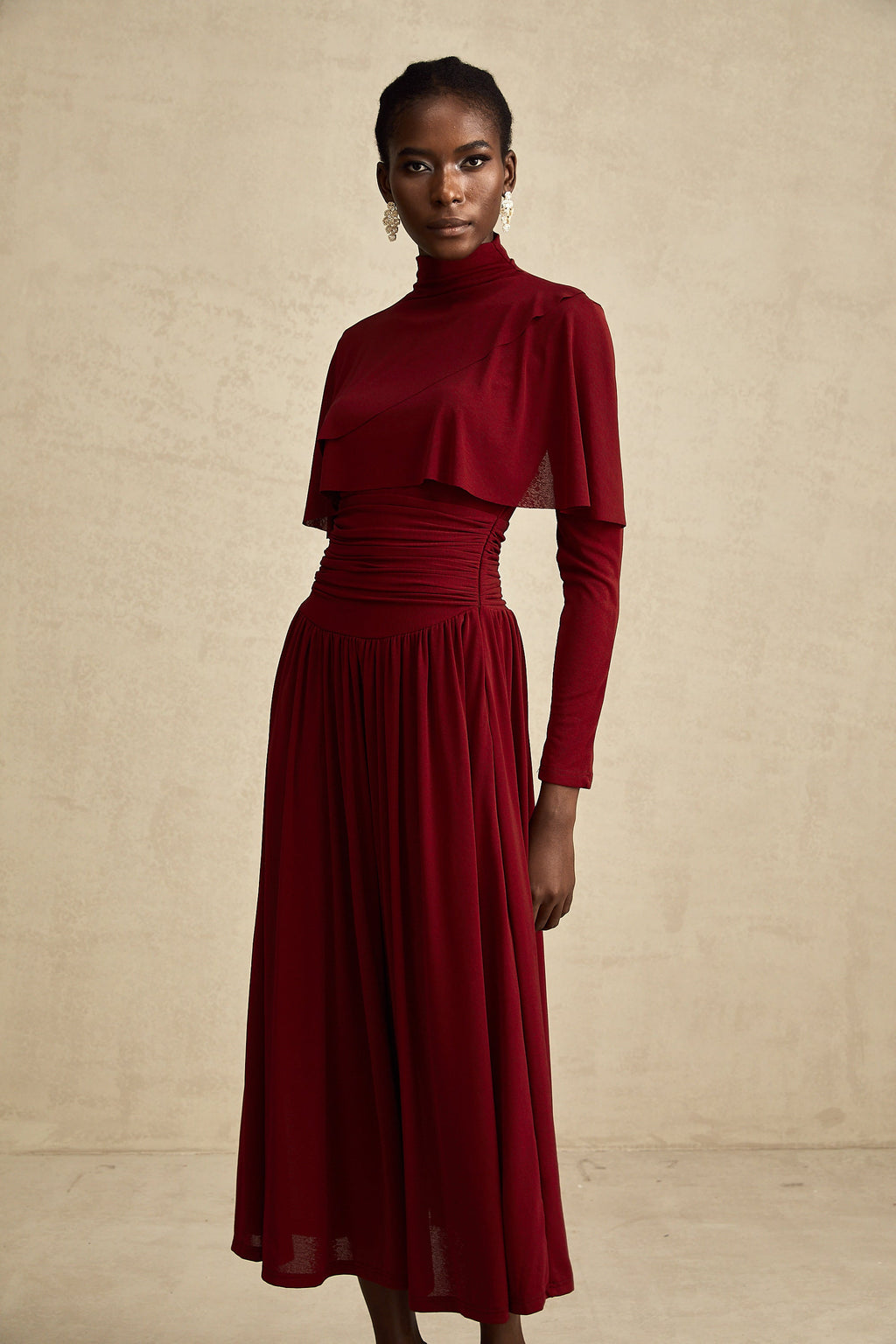 Elegant Camille Red Flap Design Ruched Midi Dress - Flattering Cocktail Attire