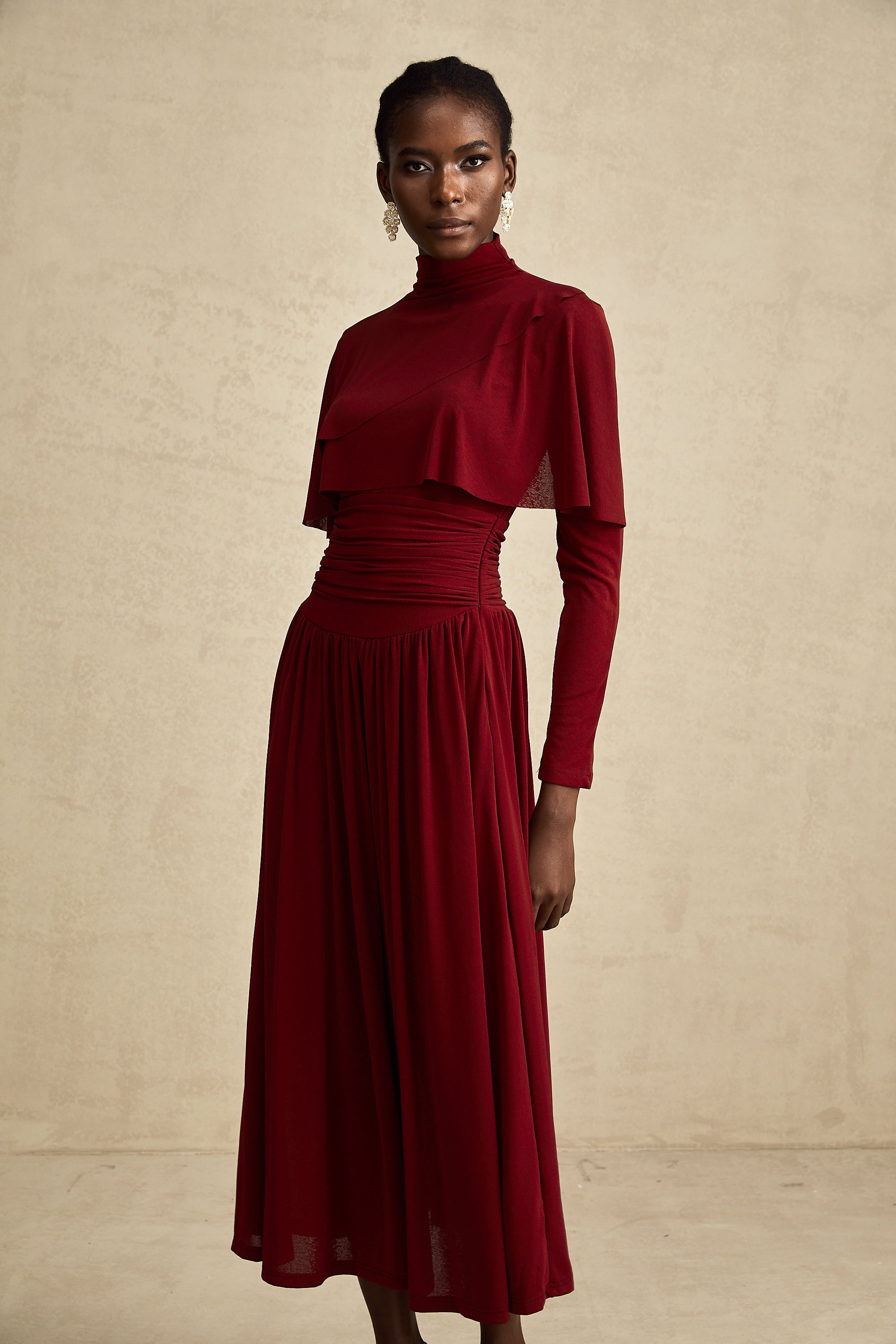 Elegant Camille Red Flap Design Ruched Midi Dress - Flattering Cocktail Attire