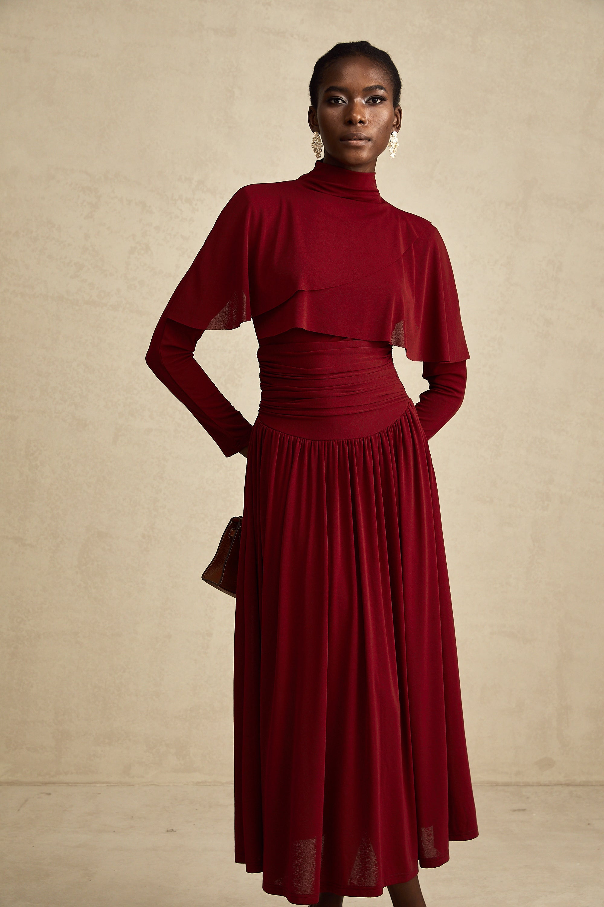 Elegant Camille Red Flap Design Ruched Midi Dress - Flattering Cocktail Attire