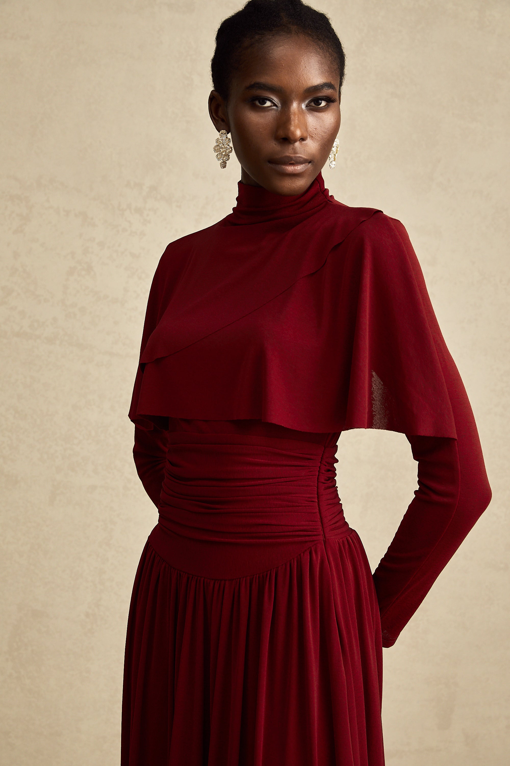 Elegant Camille Red Flap Design Ruched Midi Dress - Flattering Cocktail Attire