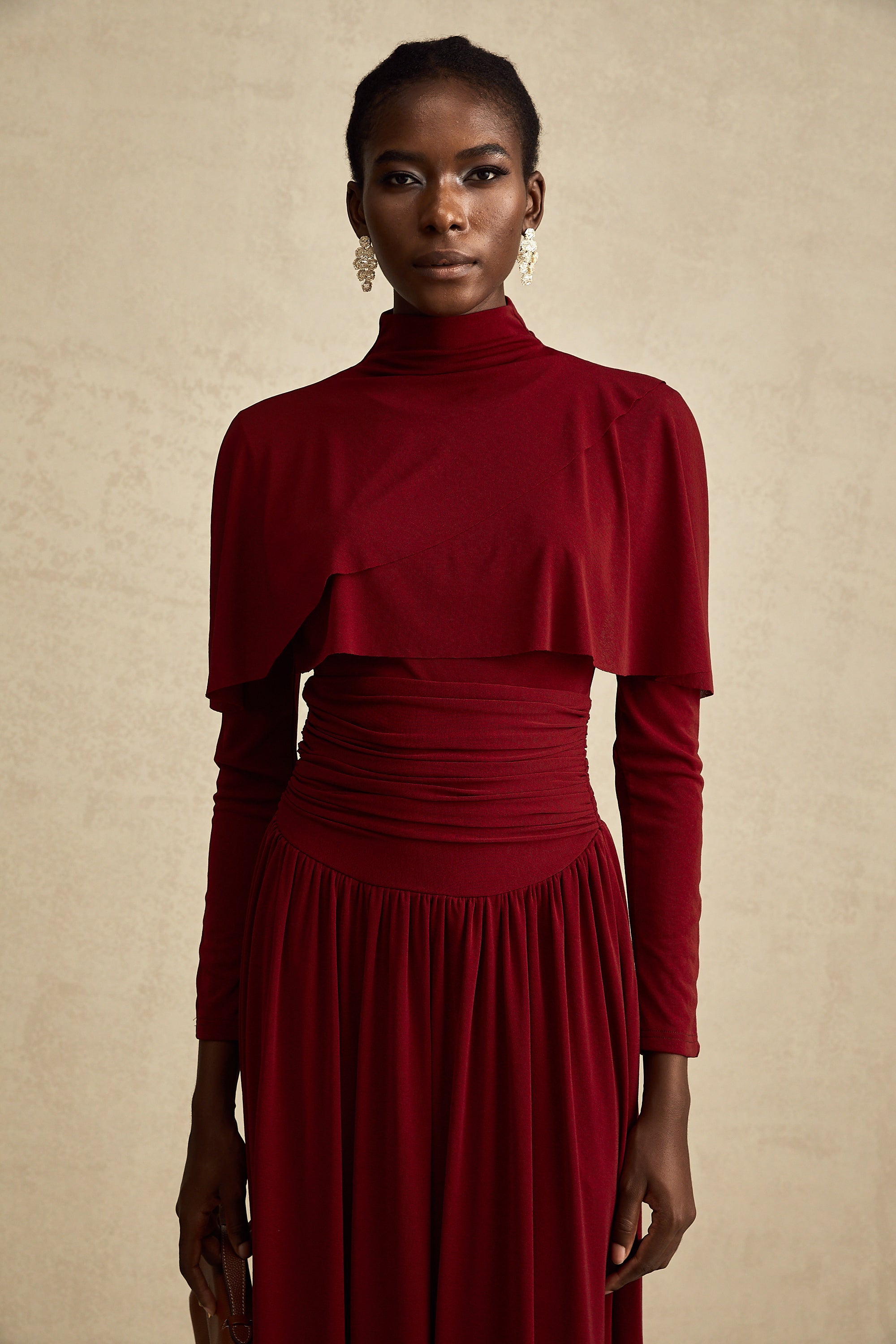 Elegant Camille Red Flap Design Ruched Midi Dress - Flattering Cocktail Attire