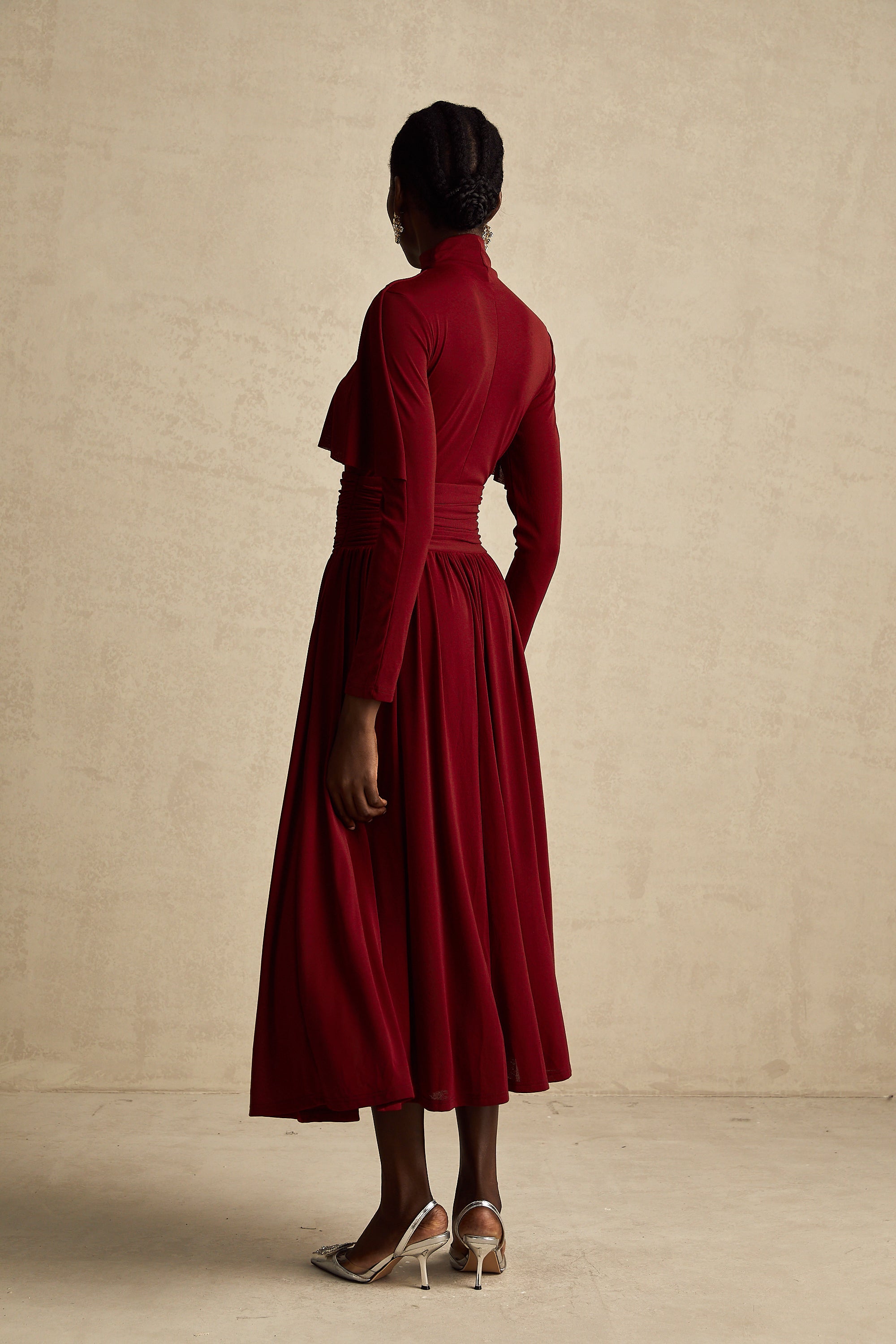 Elegant Camille Red Flap Design Ruched Midi Dress - Flattering Cocktail Attire
