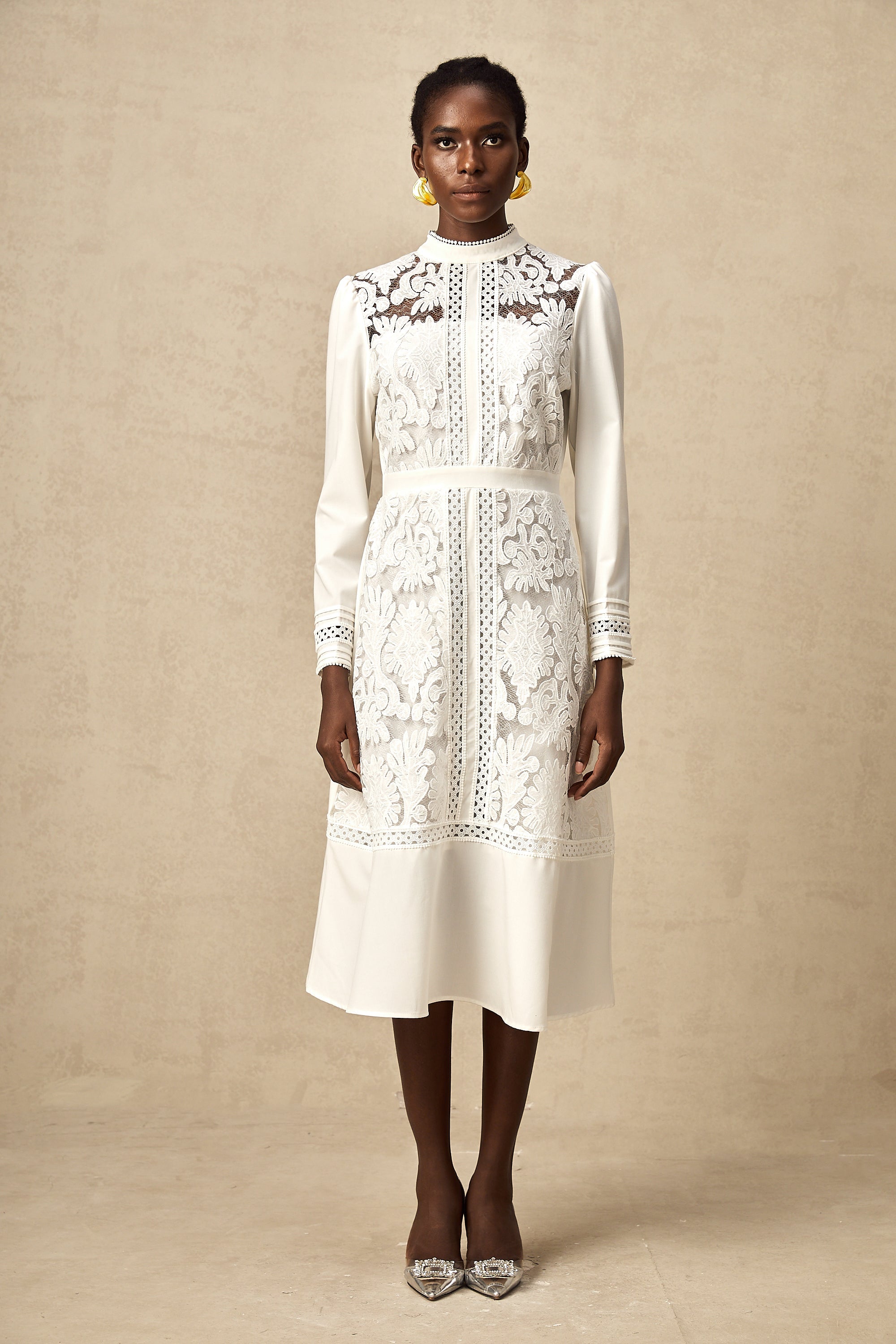 Elegant White Panelled Embroidery Midi Dress - Perfect for Every Occasion