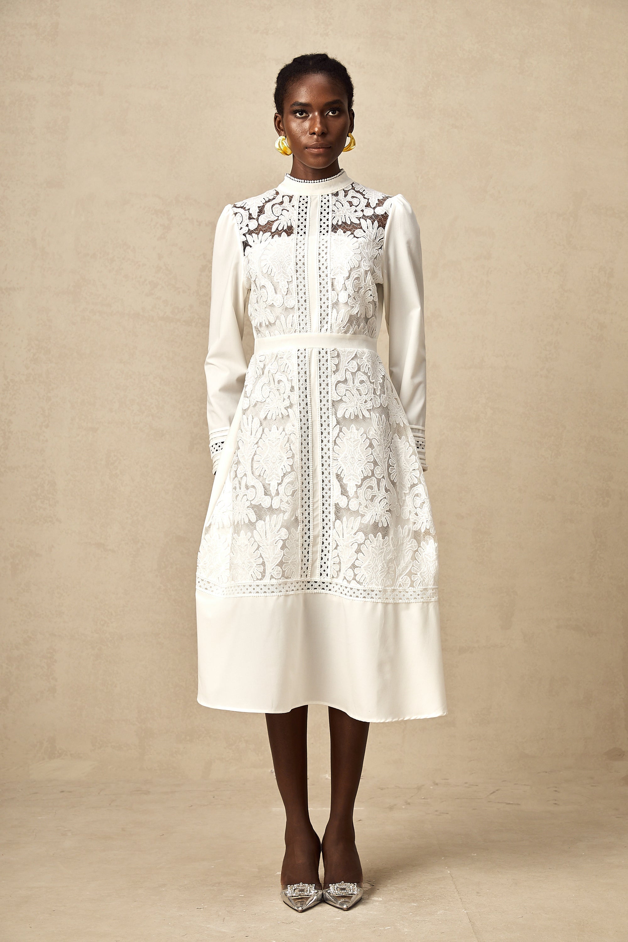 Elegant White Panelled Embroidery Midi Dress - Perfect for Every Occasion
