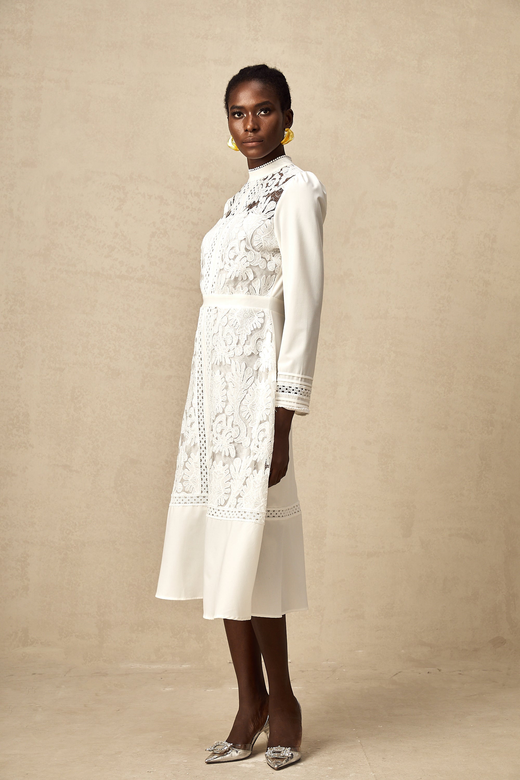 Elegant White Panelled Embroidery Midi Dress - Perfect for Every Occasion