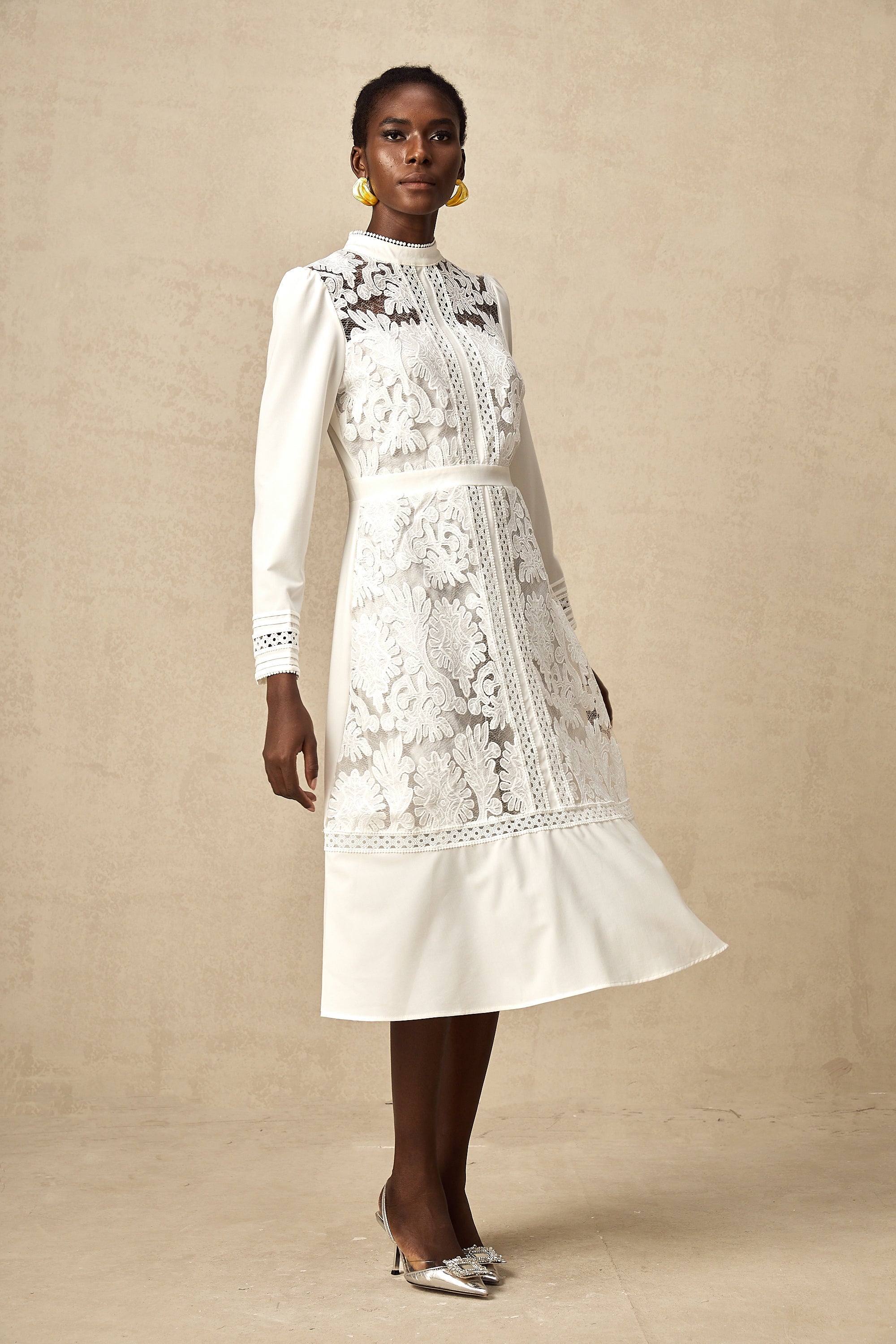 Elegant White Panelled Embroidery Midi Dress - Perfect for Every Occasion