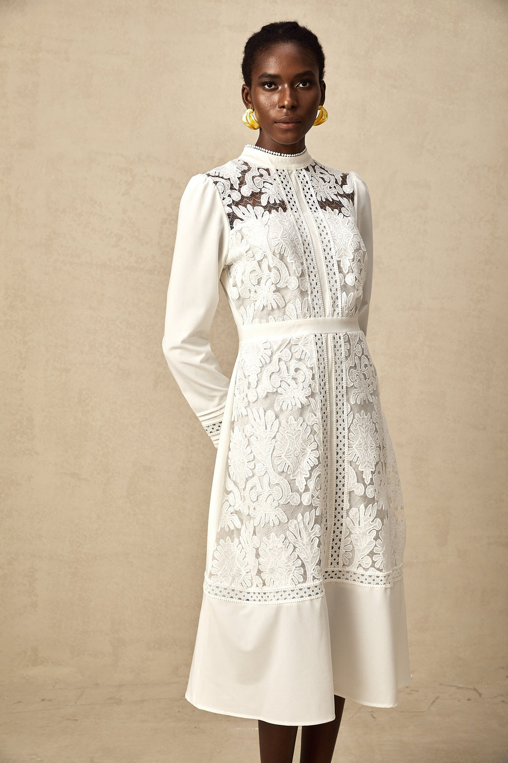 Elegant White Panelled Embroidery Midi Dress - Perfect for Every Occasion