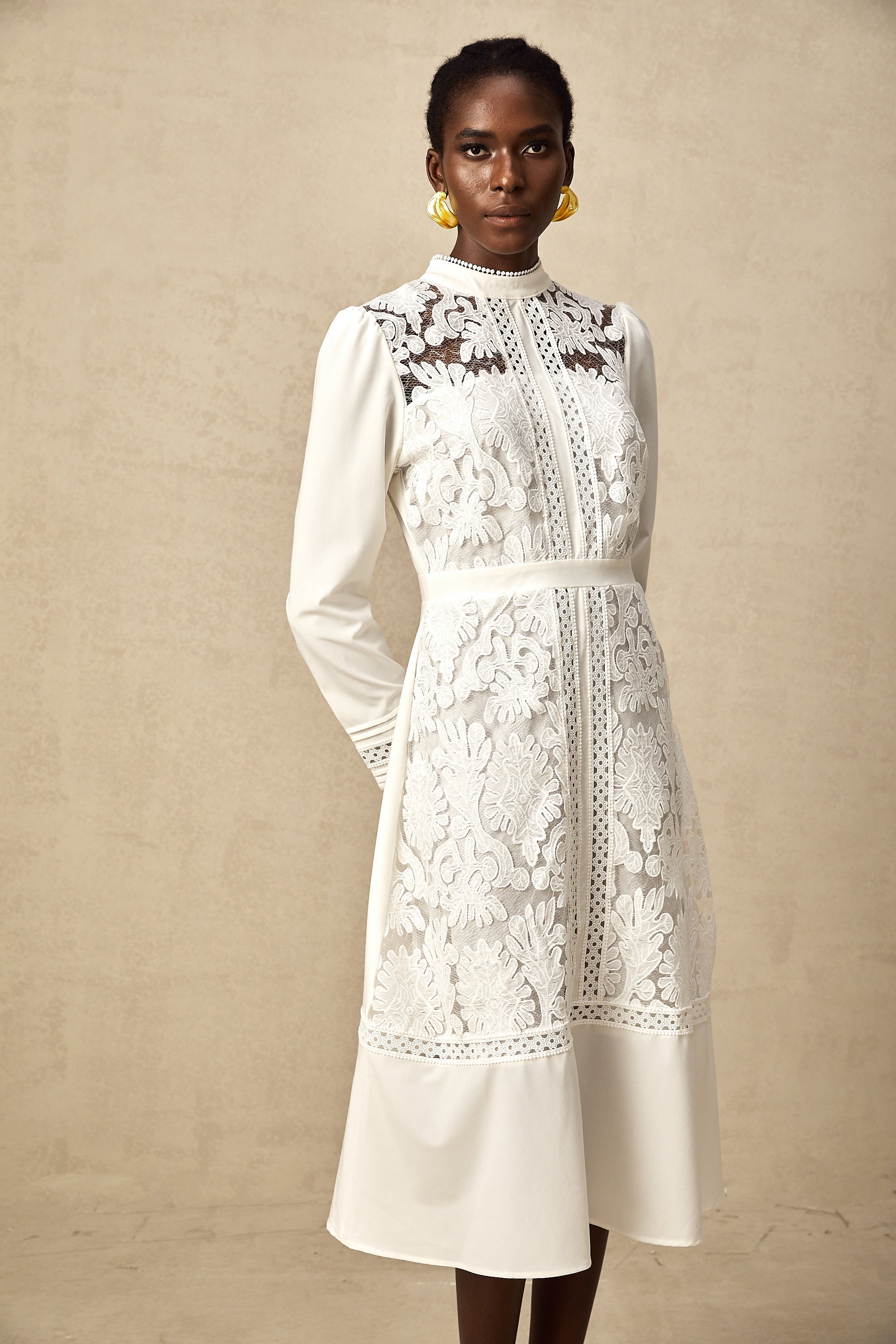 Elegant White Panelled Embroidery Midi Dress - Perfect for Every Occasion