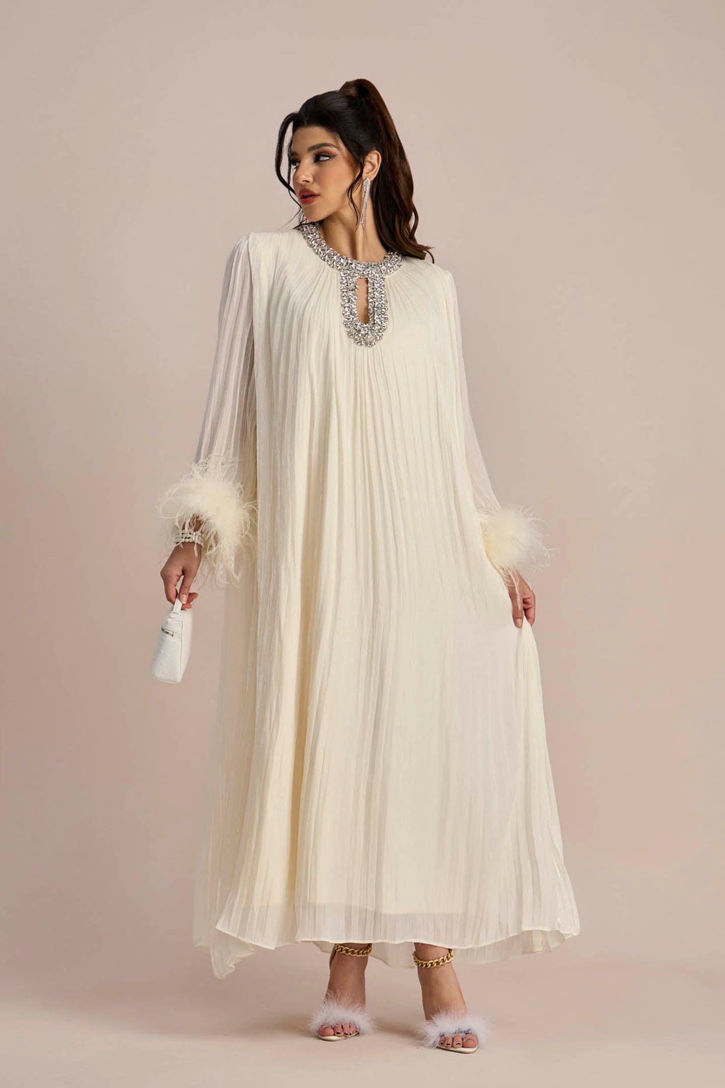 Elegant Diamante Feathered Pleated Chiffon Maxi Dress by Sunfere