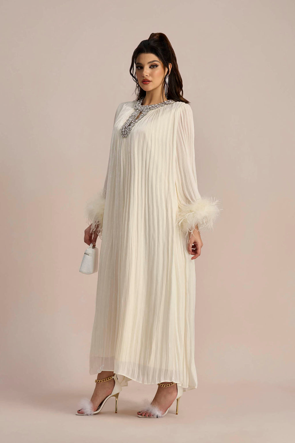Elegant Diamante Feathered Pleated Chiffon Maxi Dress by Sunfere