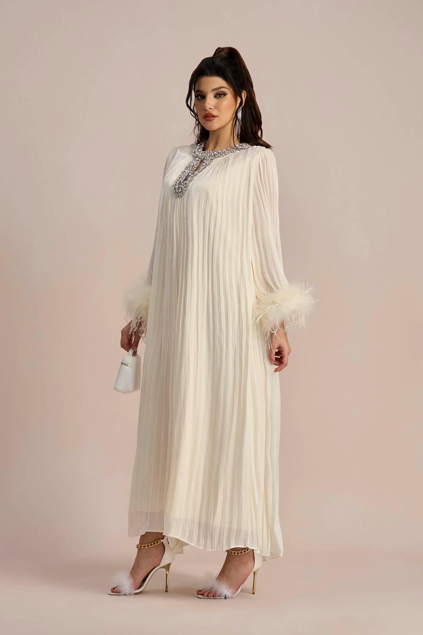 Elegant Diamante Feathered Pleated Chiffon Maxi Dress by Sunfere