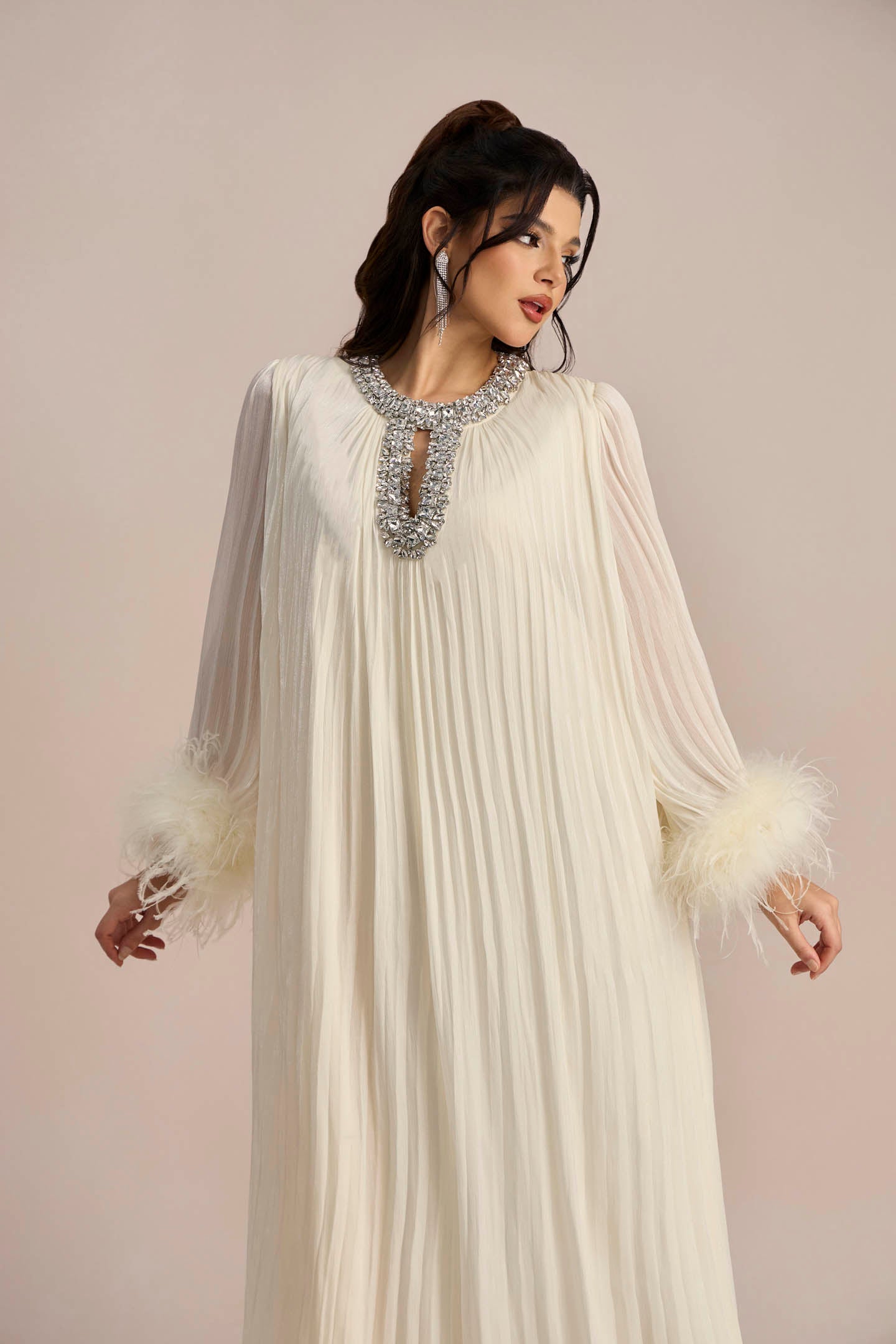 Elegant Diamante Feathered Pleated Chiffon Maxi Dress by Sunfere