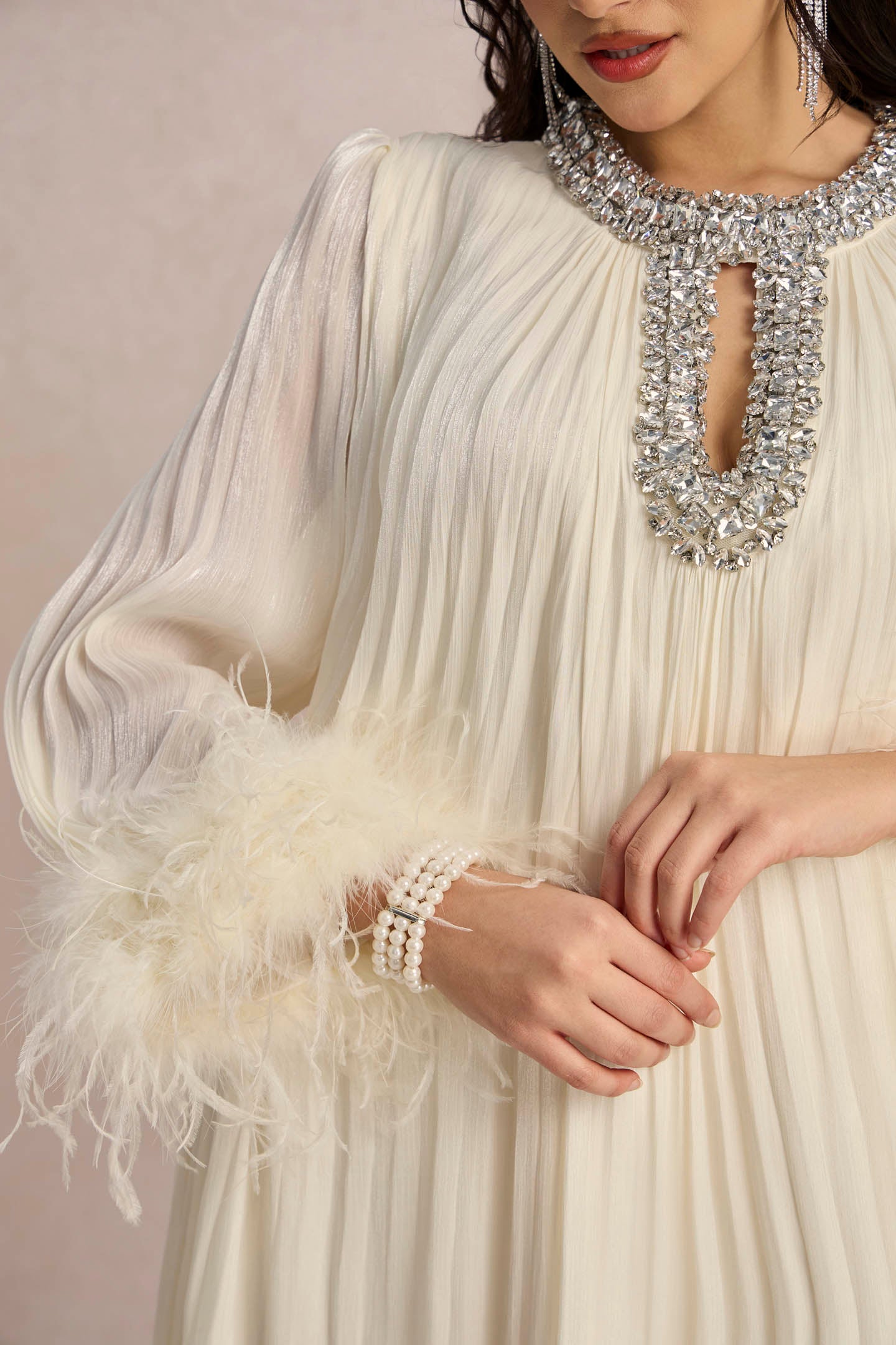 Elegant Diamante Feathered Pleated Chiffon Maxi Dress by Sunfere