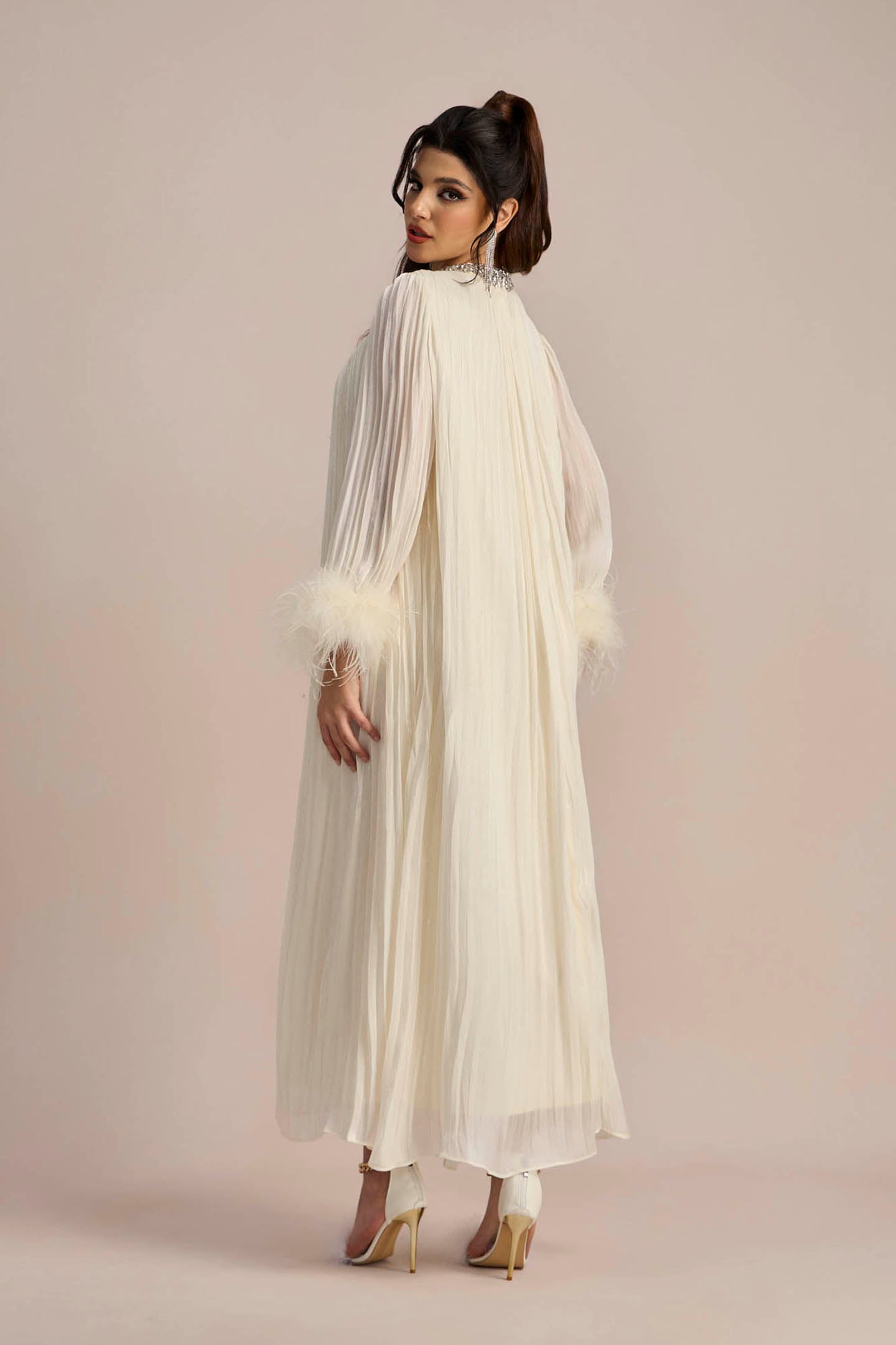 Elegant Diamante Feathered Pleated Chiffon Maxi Dress by Sunfere