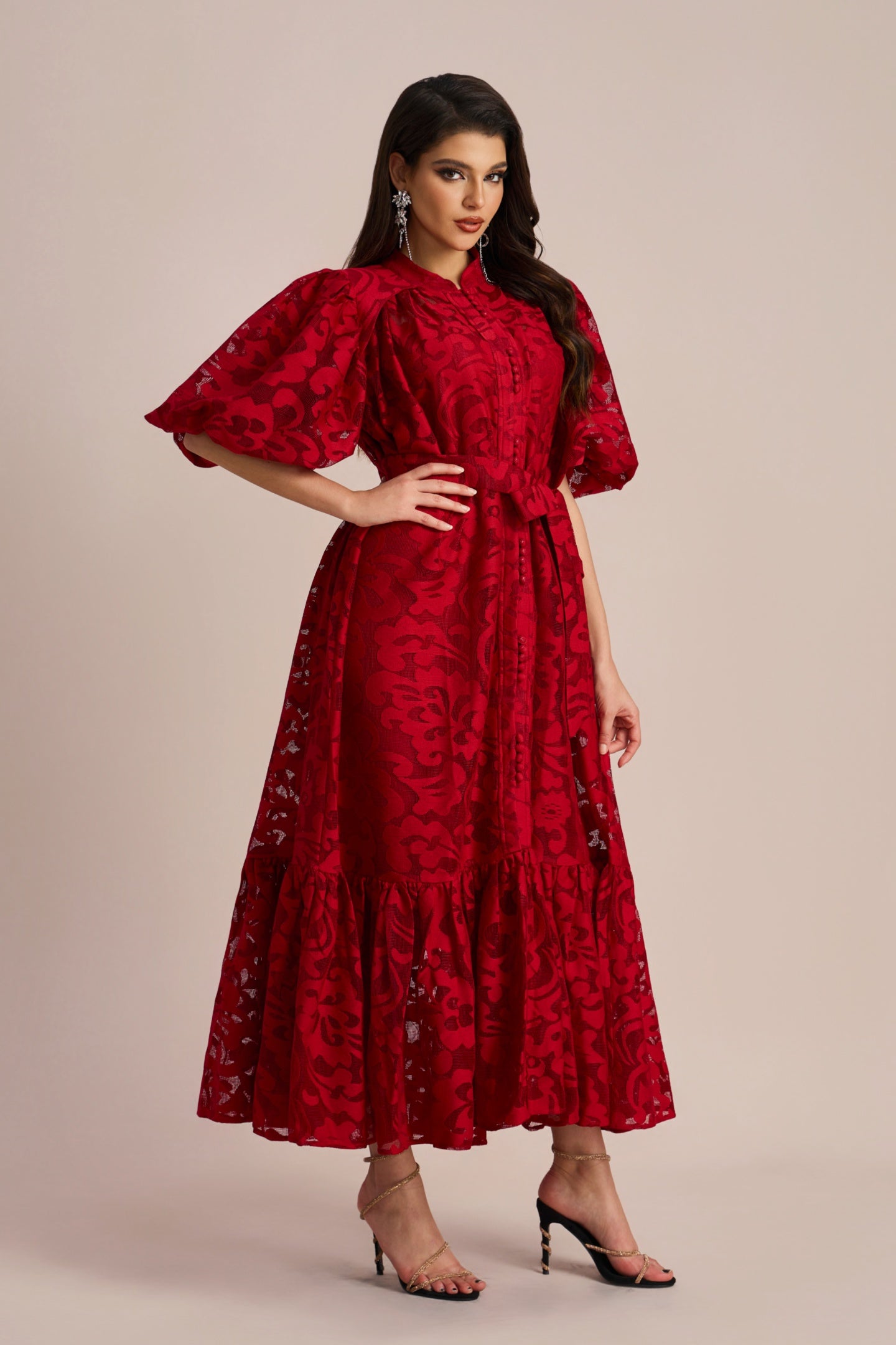 Emma Embroidered Lace Belted Midi Dress with Puffy Sleeves