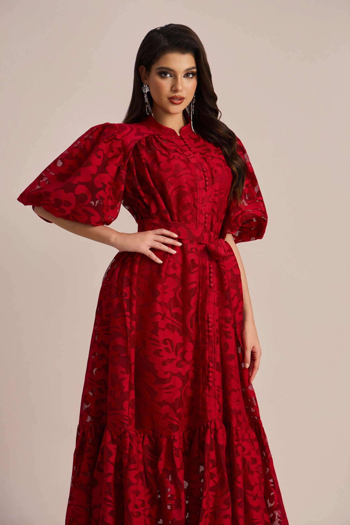 Emma Embroidered Lace Belted Midi Dress with Puffy Sleeves