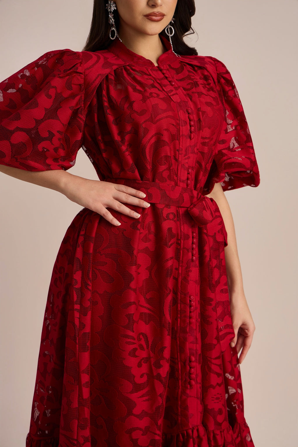 Emma Embroidered Lace Belted Midi Dress with Puffy Sleeves