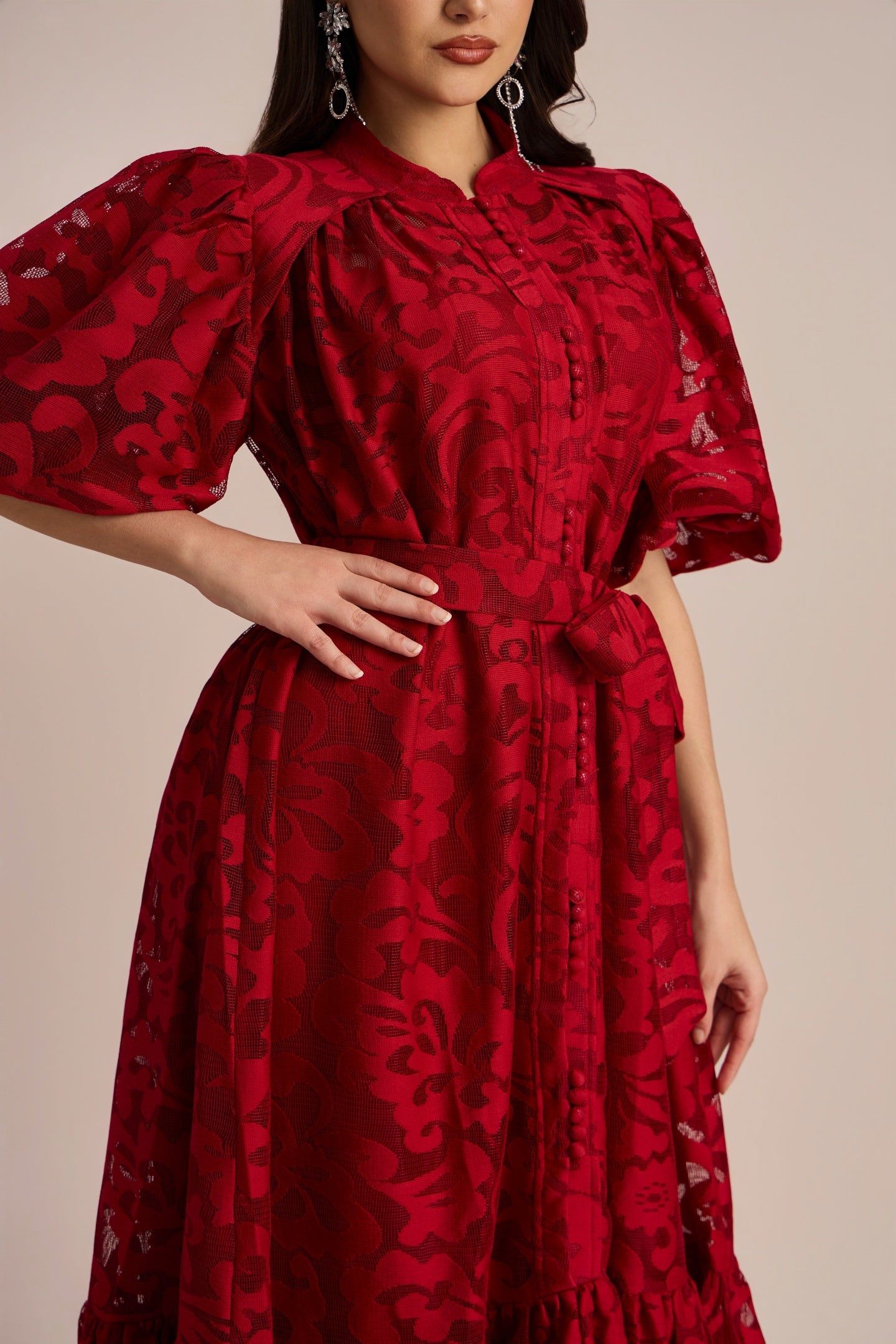 Emma Embroidered Lace Belted Midi Dress with Puffy Sleeves