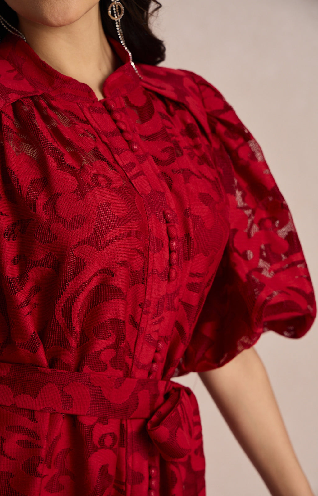 Emma Embroidered Lace Belted Midi Dress with Puffy Sleeves