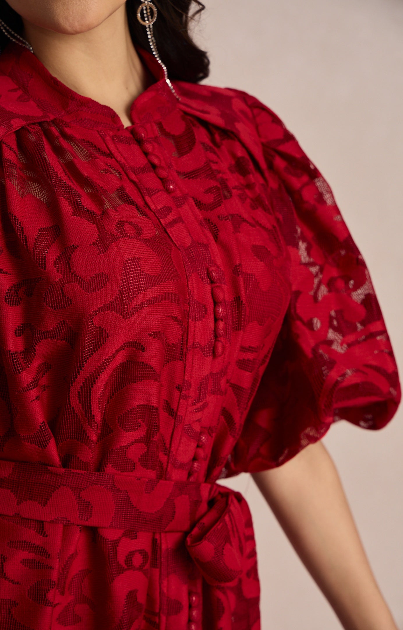 Emma Embroidered Lace Belted Midi Dress with Puffy Sleeves
