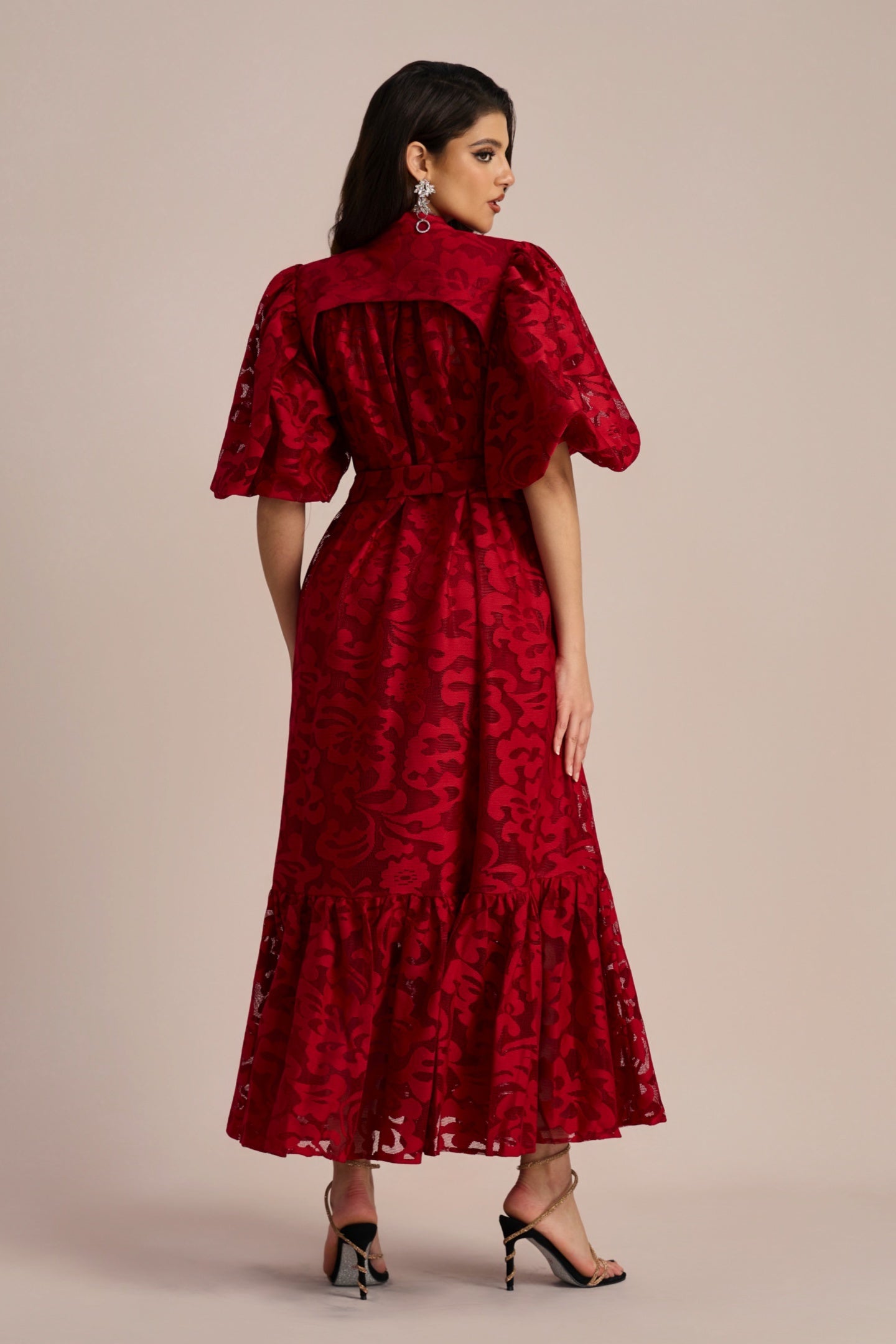 Emma Embroidered Lace Belted Midi Dress with Puffy Sleeves