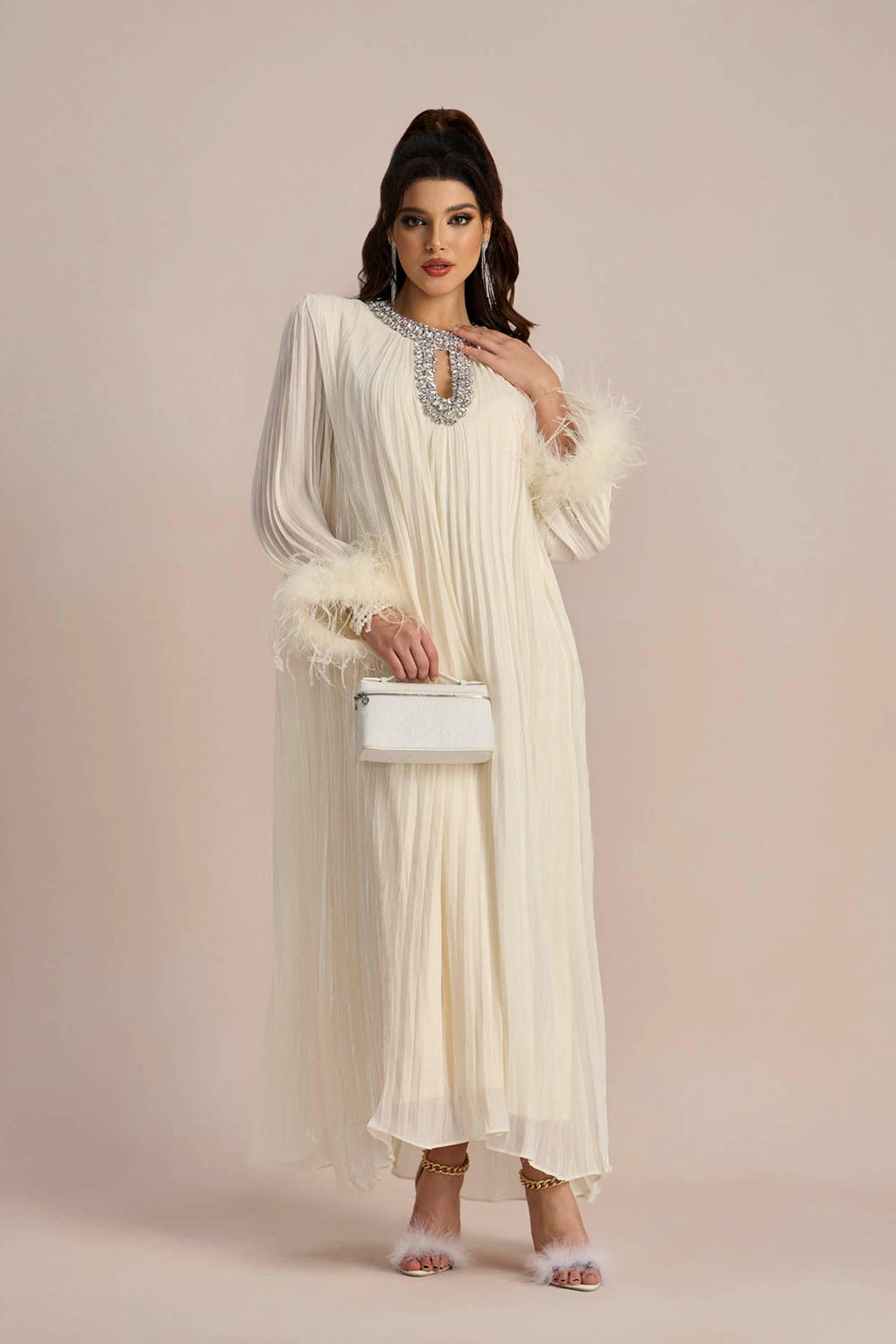 Elegant Diamante Feathered Pleated Chiffon Maxi Dress by Sunfere