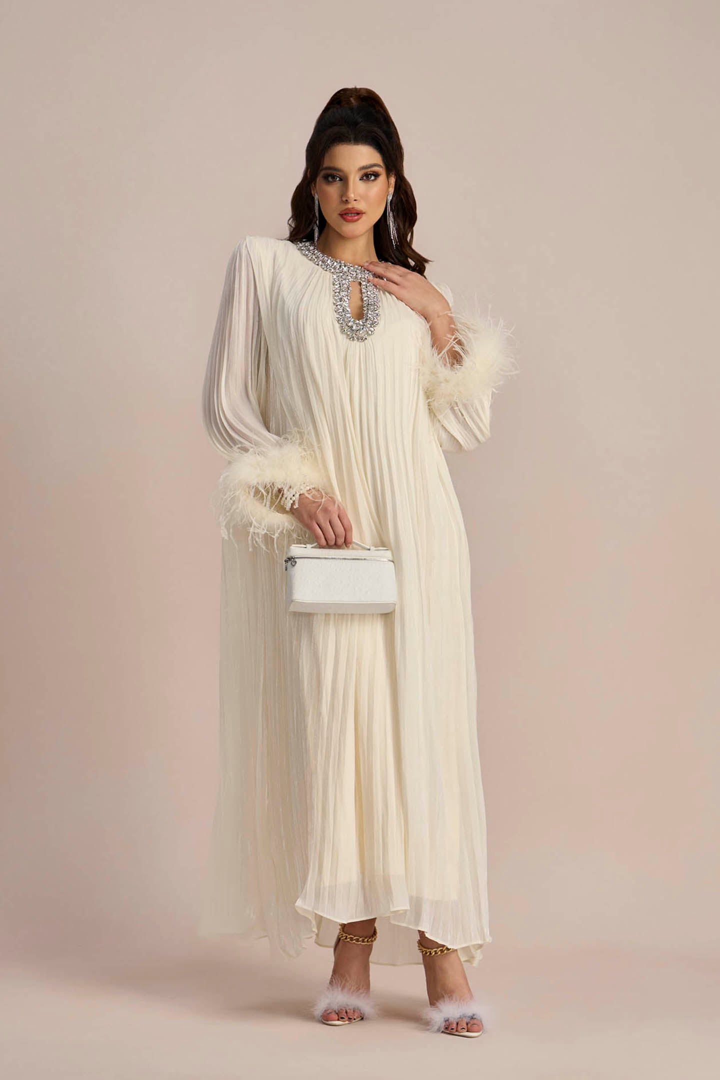 Elegant Diamante Feathered Pleated Chiffon Maxi Dress by Sunfere