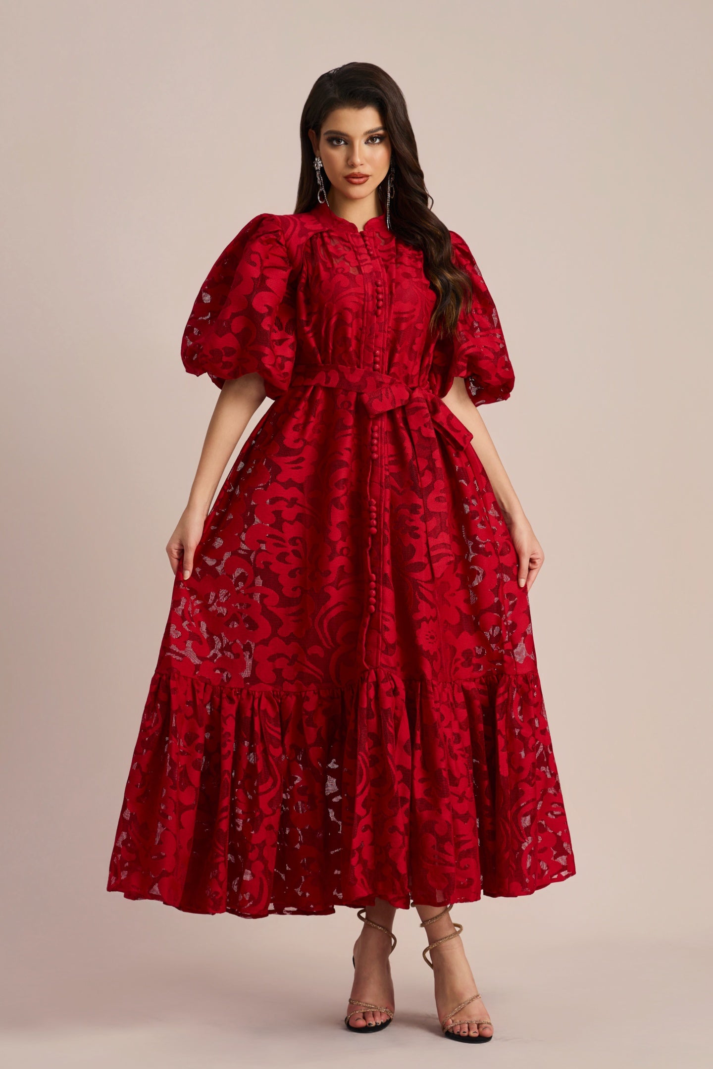 Emma Embroidered Lace Belted Midi Dress with Puffy Sleeves