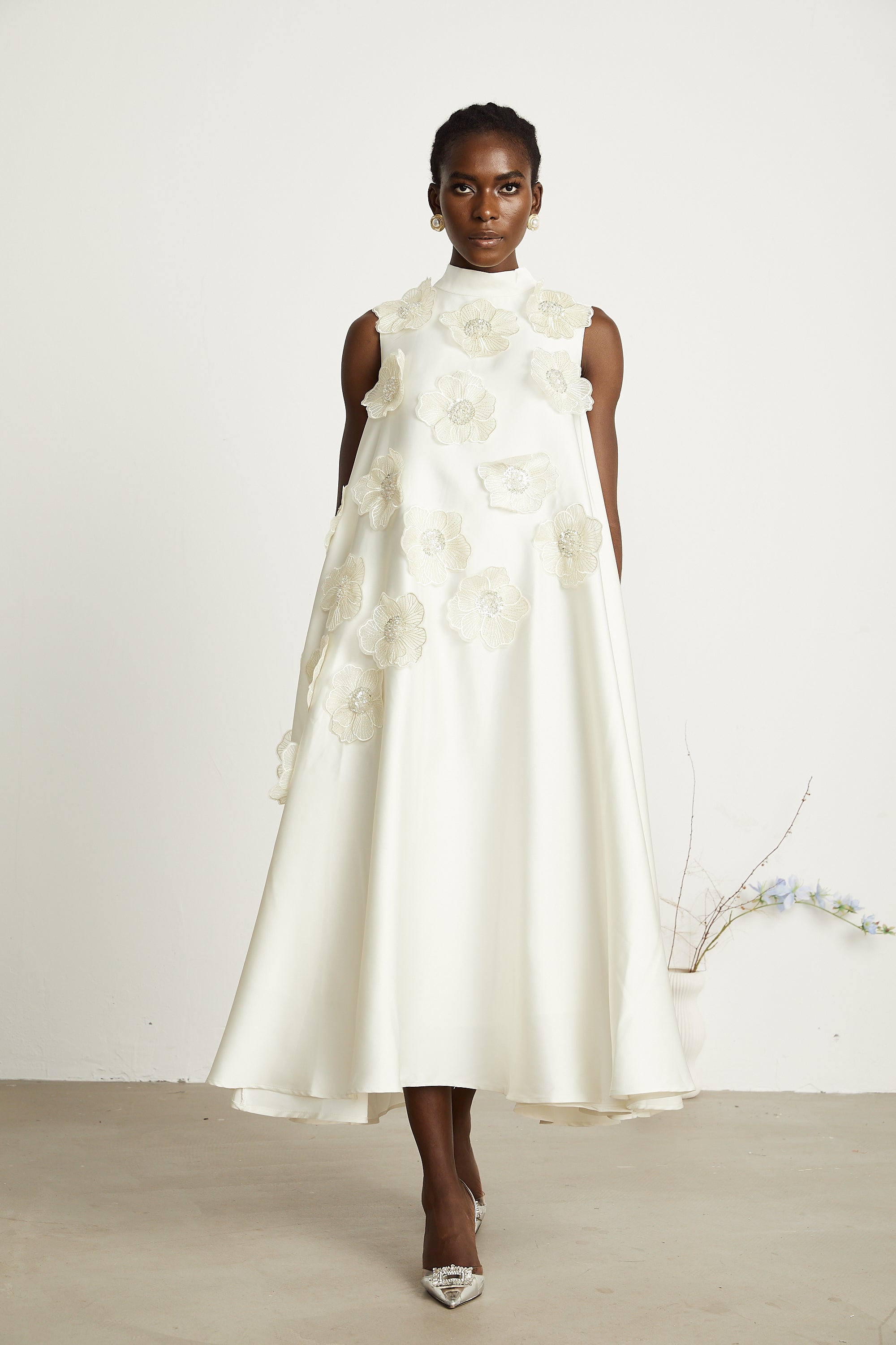 Miss Rosier Emilie White Sleeveless Floral Applique Maxi Dress