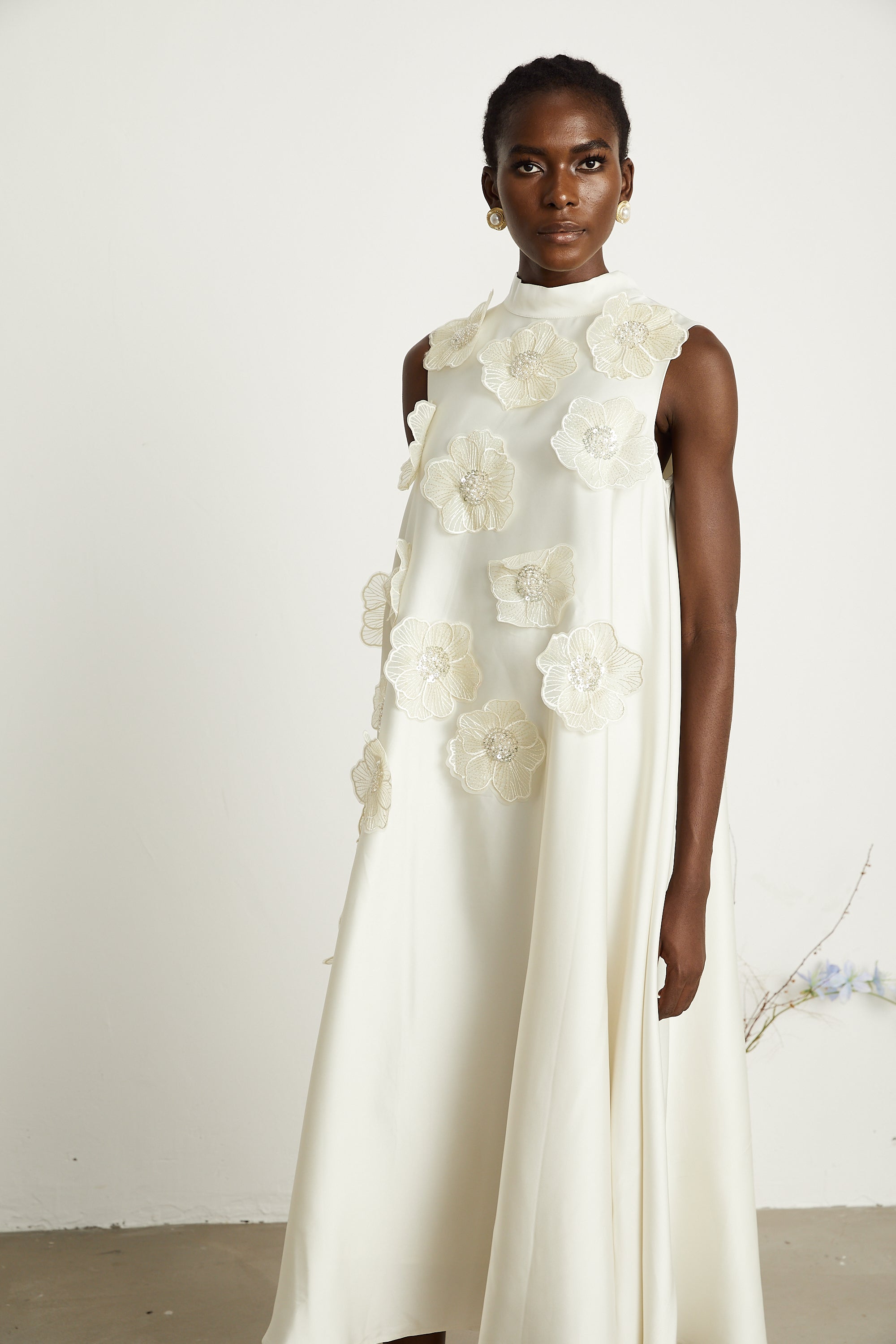 Miss Rosier Emilie White Sleeveless Floral Applique Maxi Dress
