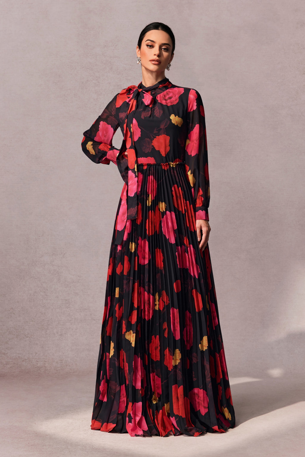 Adela Floral Printed Long Sleeve Maxi Dress with Detachable Scarf