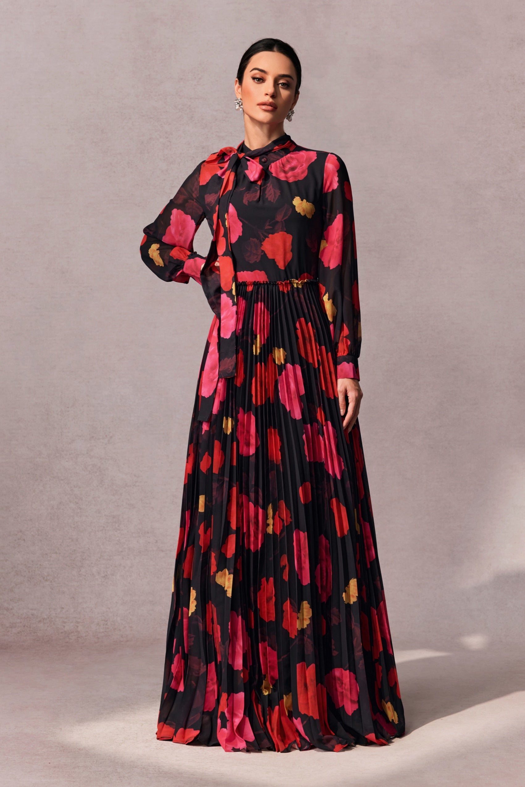 Adela Floral Printed Long Sleeve Maxi Dress with Detachable Scarf