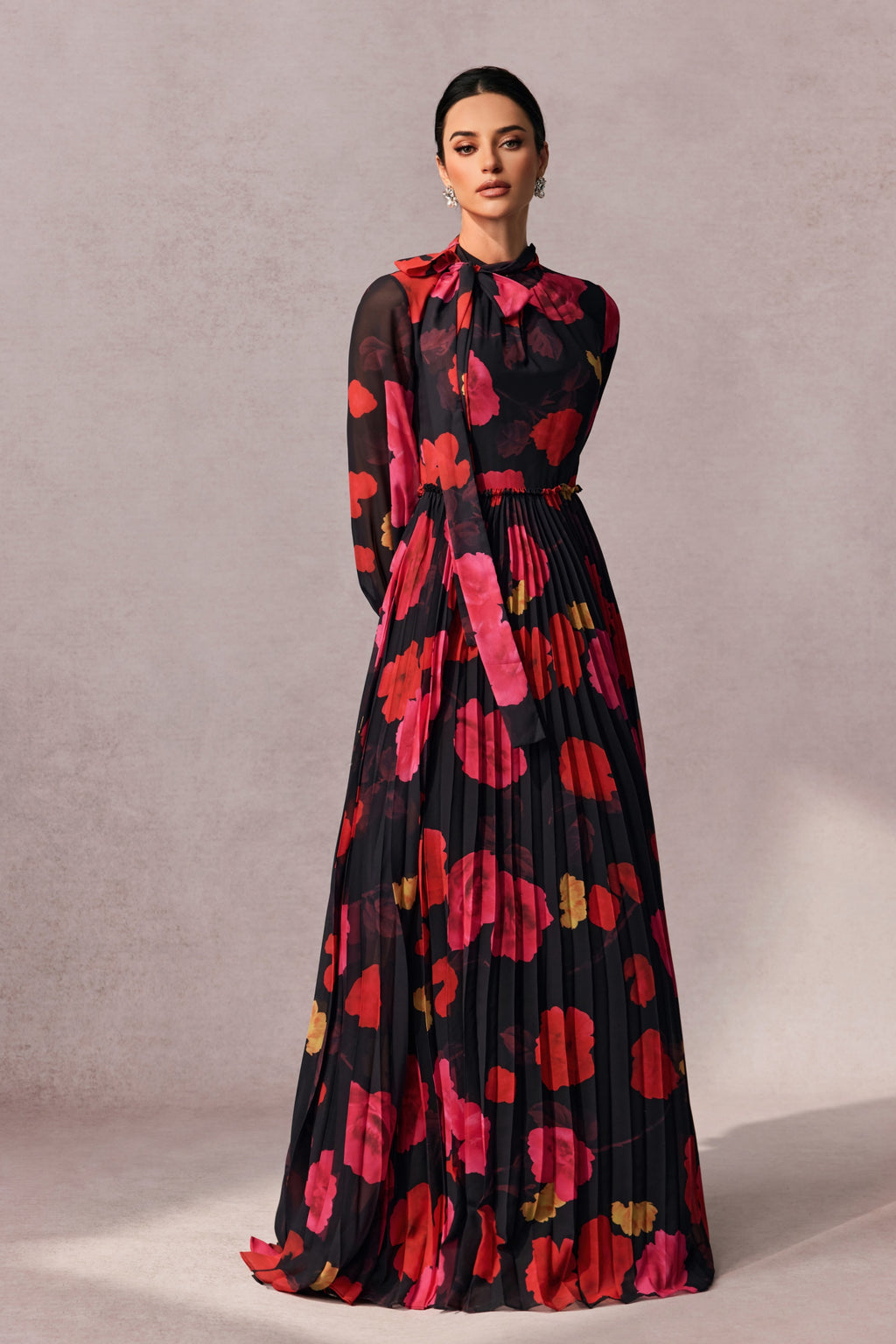 Adela Floral Printed Long Sleeve Maxi Dress with Detachable Scarf